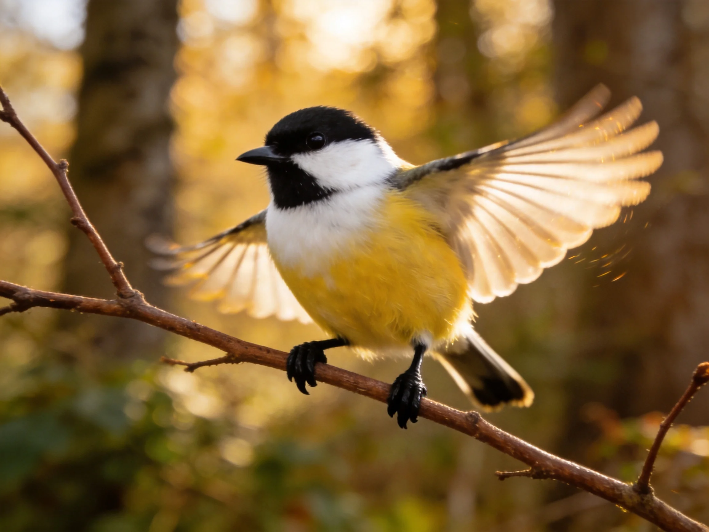 A black-and-white-and-yellow bird spreading wings on a tree branch