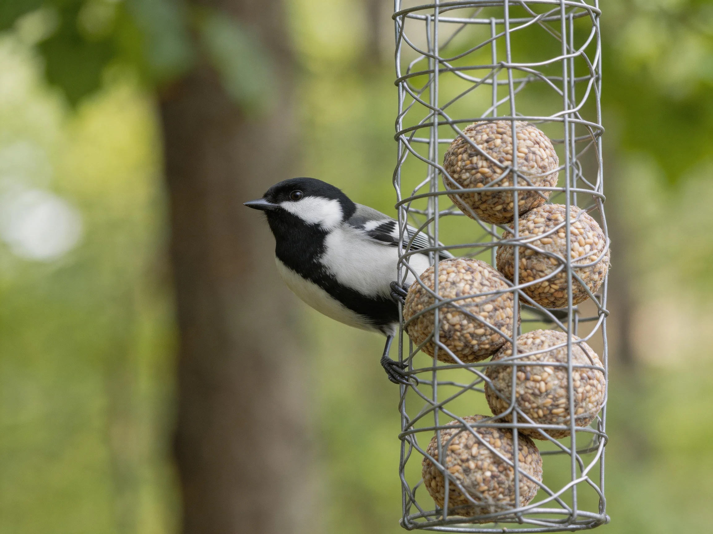 A black-and-white bird clinging to a wire cage feeder with five seed balls