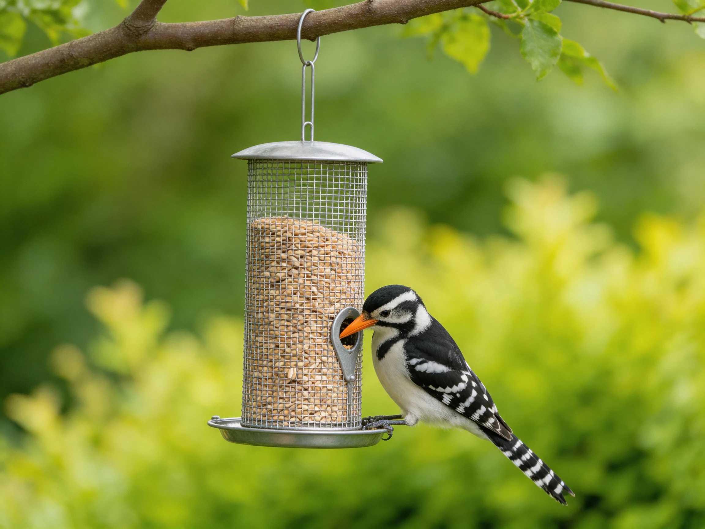 A black-and-white bird feeding from a metal seed feeder hanging from a tree branch