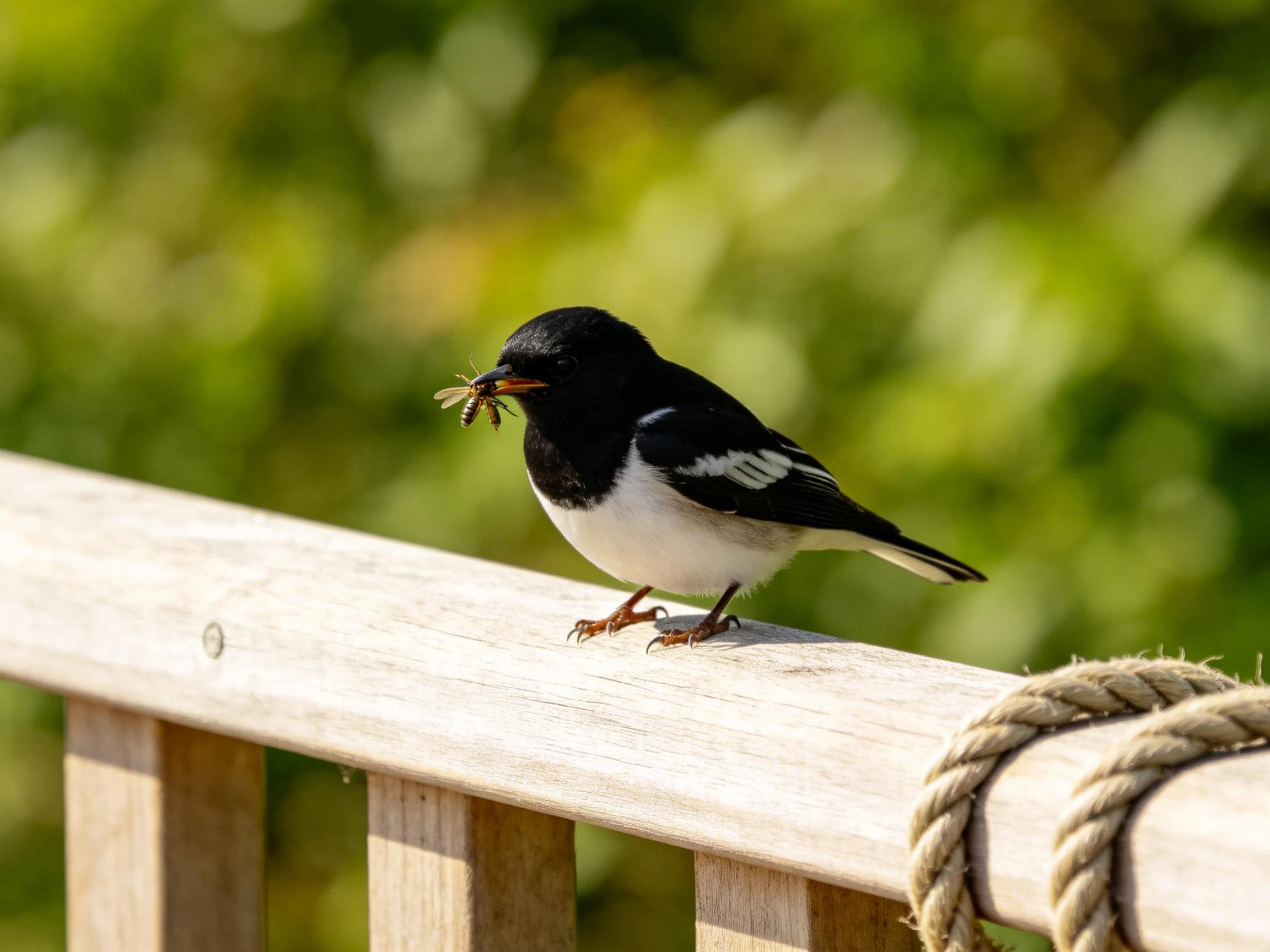 A black-and-white bird holds an insect on a wooden railing