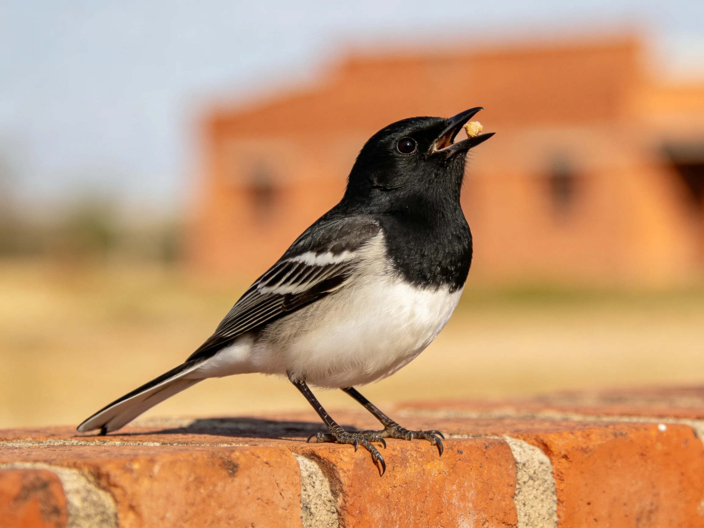 A black and white bird holds food while standing on a brick structure
