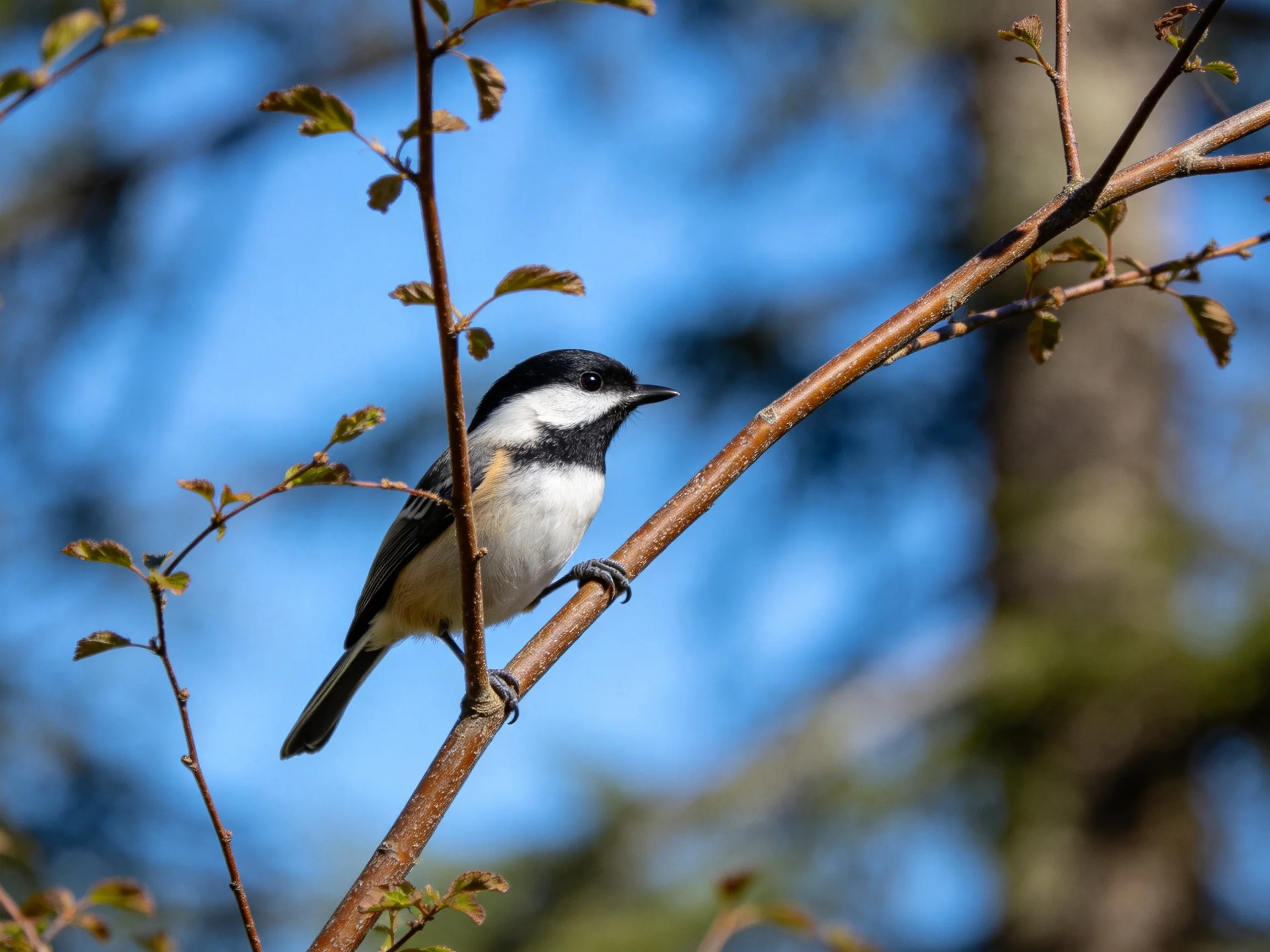A black-and-white bird perched on a brown tree branch