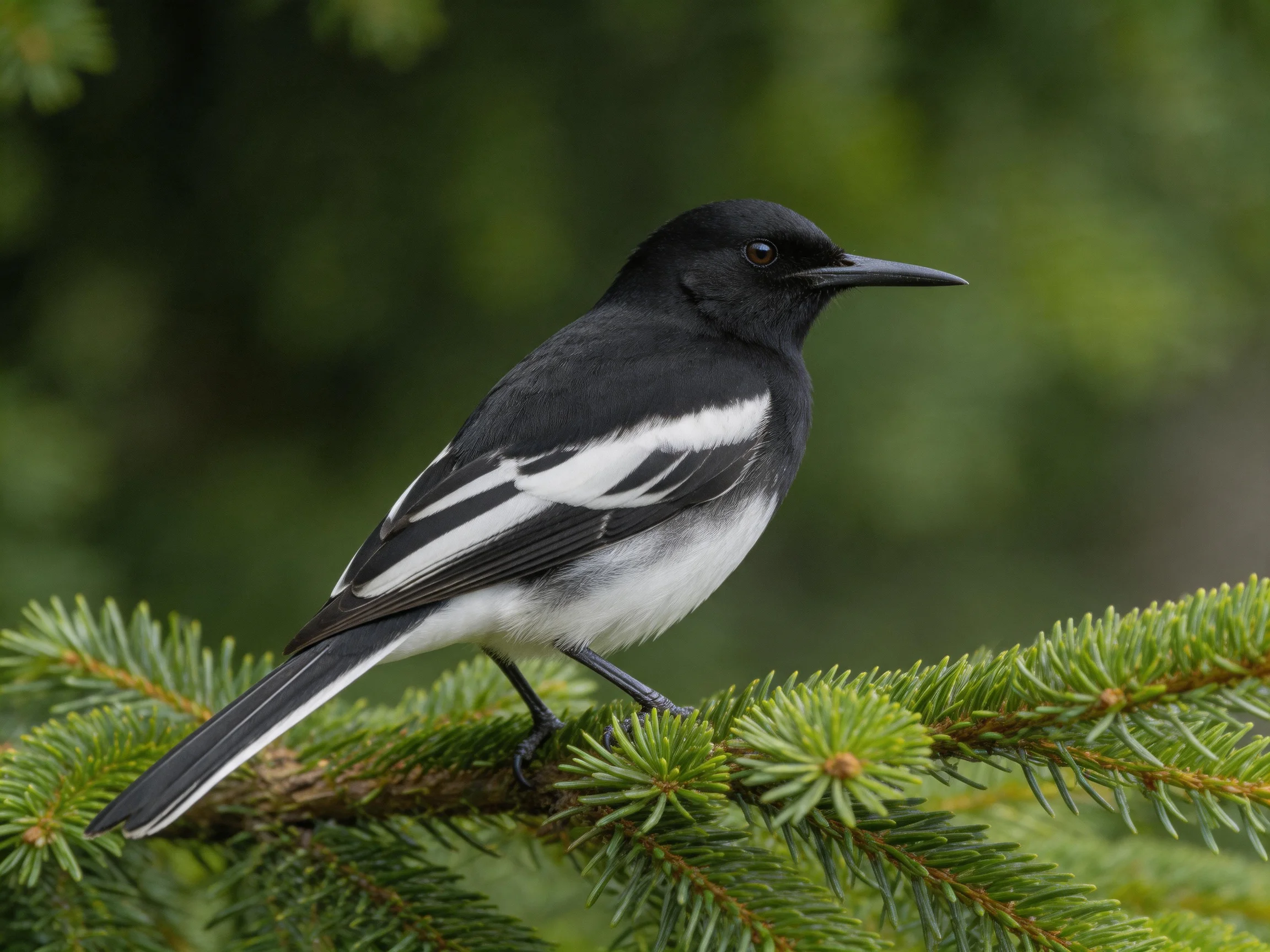 A black and white bird sits atop a green pine branch.