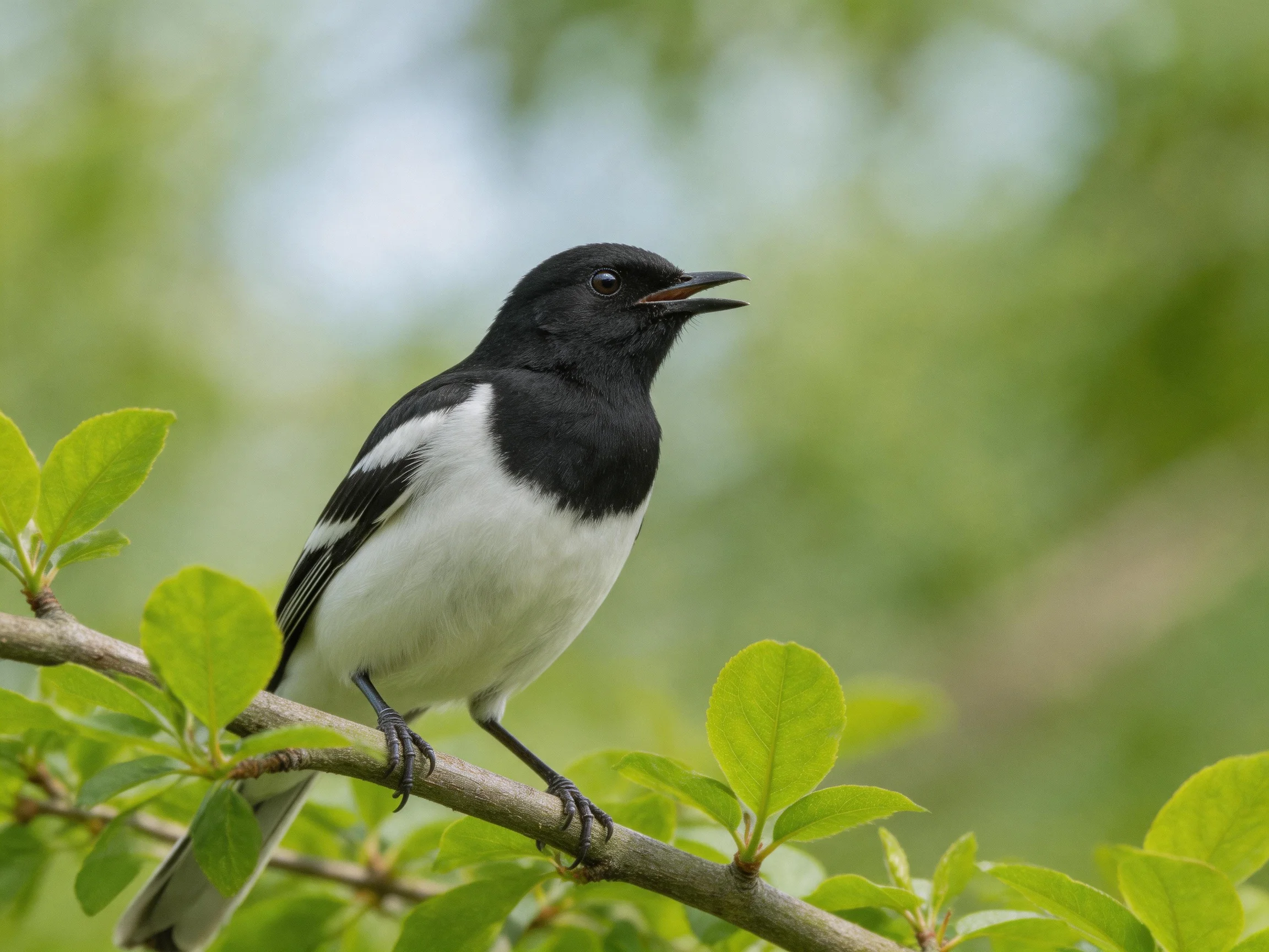A black-and-white bird perched on a leafy branch