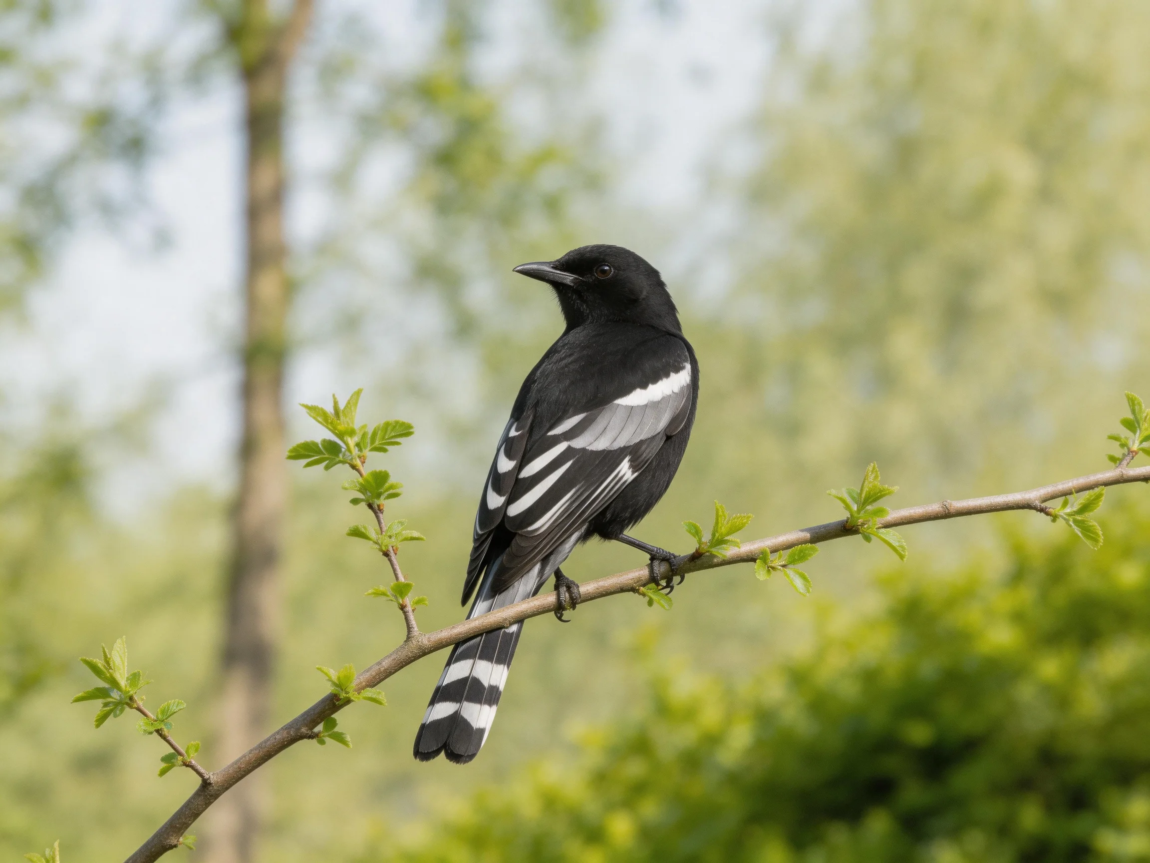 A black and white bird perched on a leafy tree branch