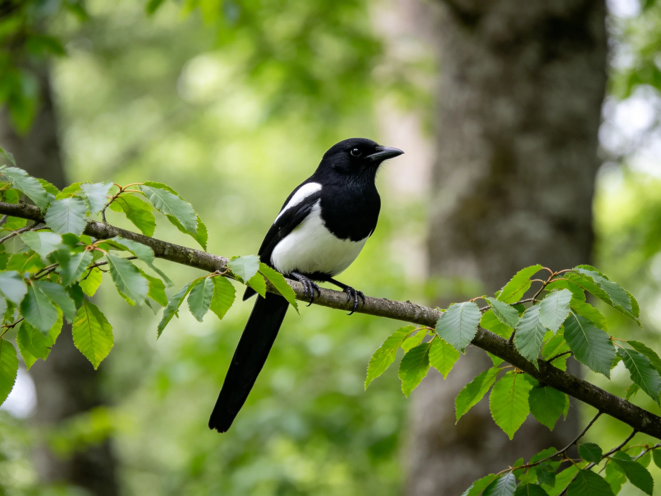 A black and white bird rests on a tree branch in a verdant forest setting.