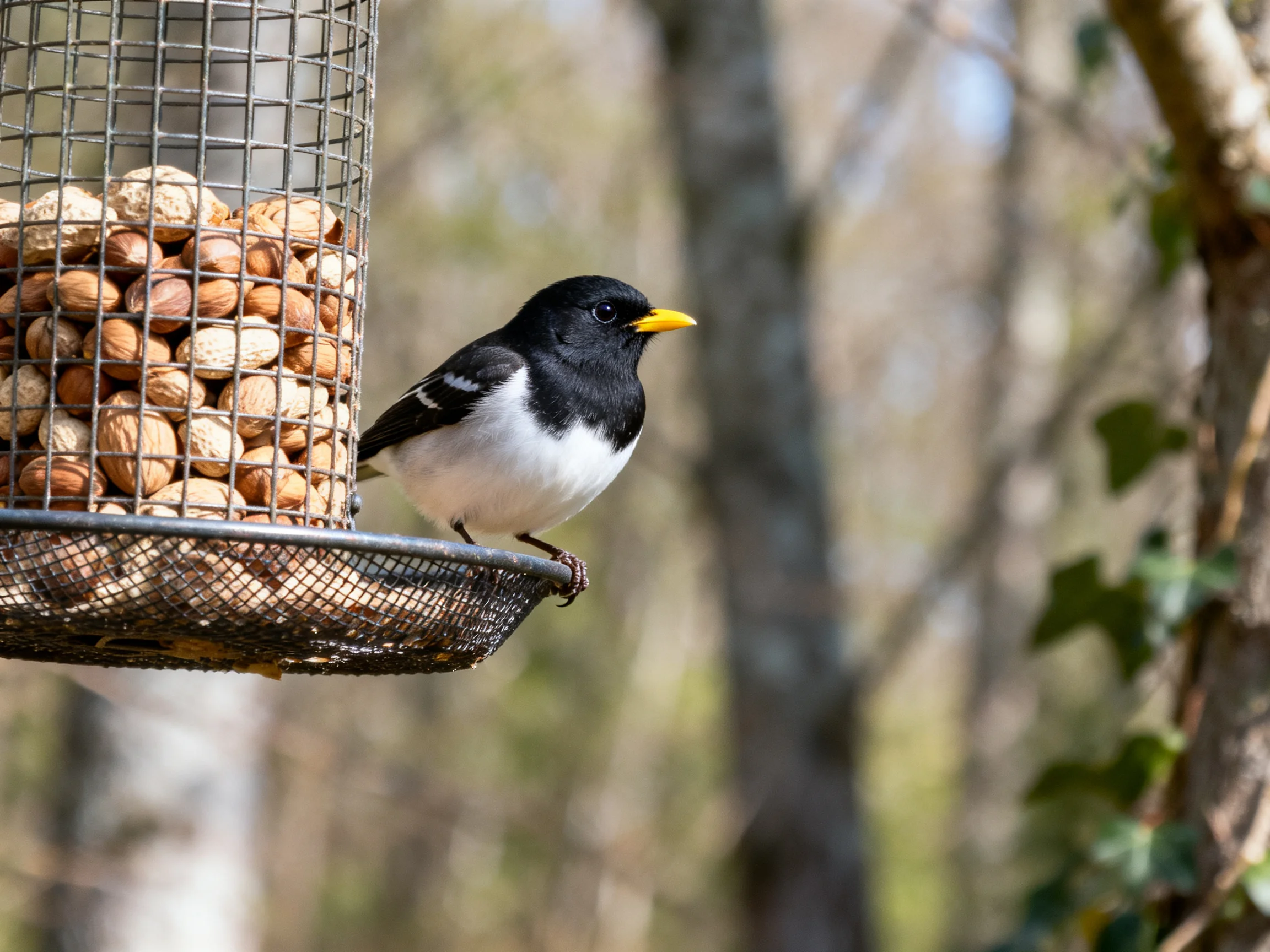 A black and white bird rests on a wire feeder loaded with assorted nuts.
