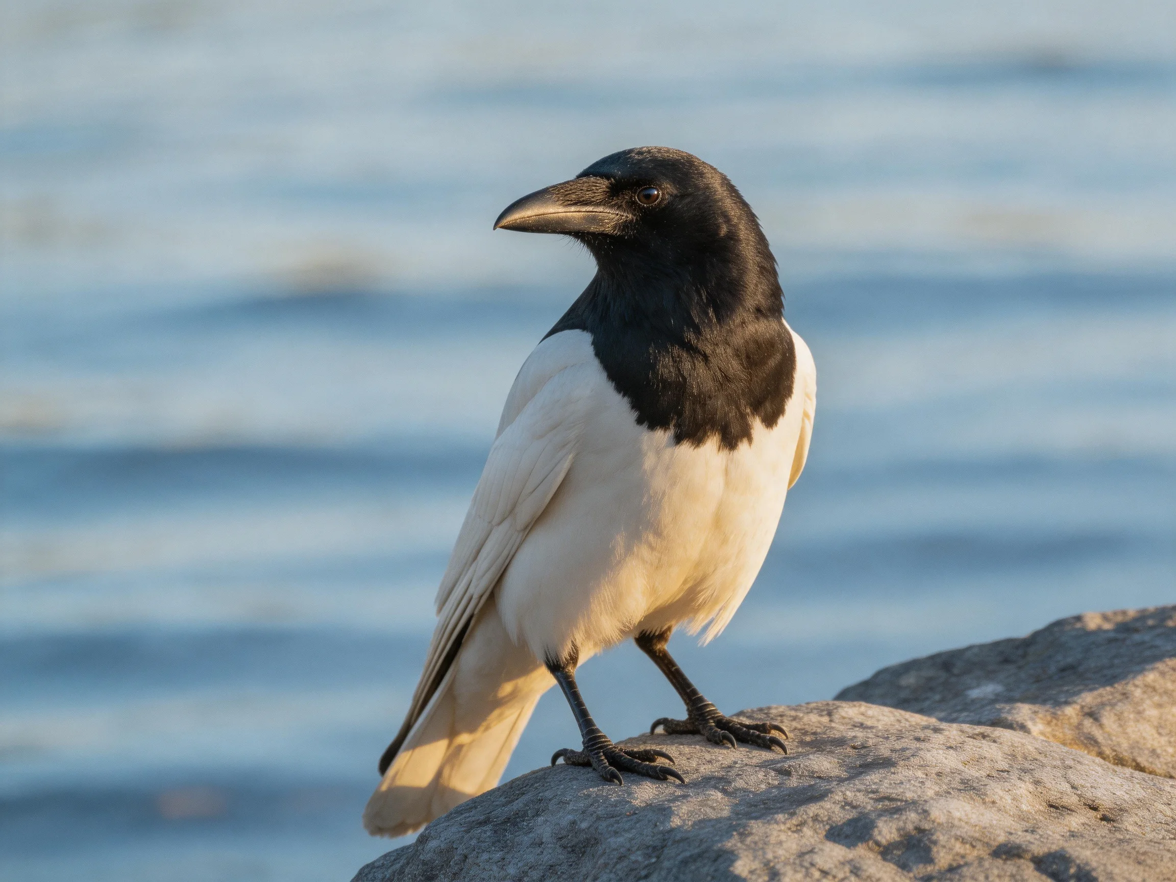 A black - and - white bird perched on a rocky shore by calm blue water