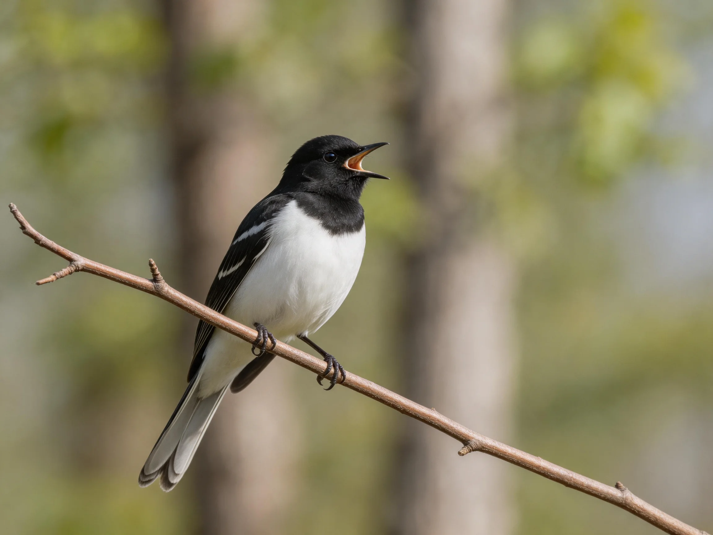 A black and white bird perched on a slender brown branch
