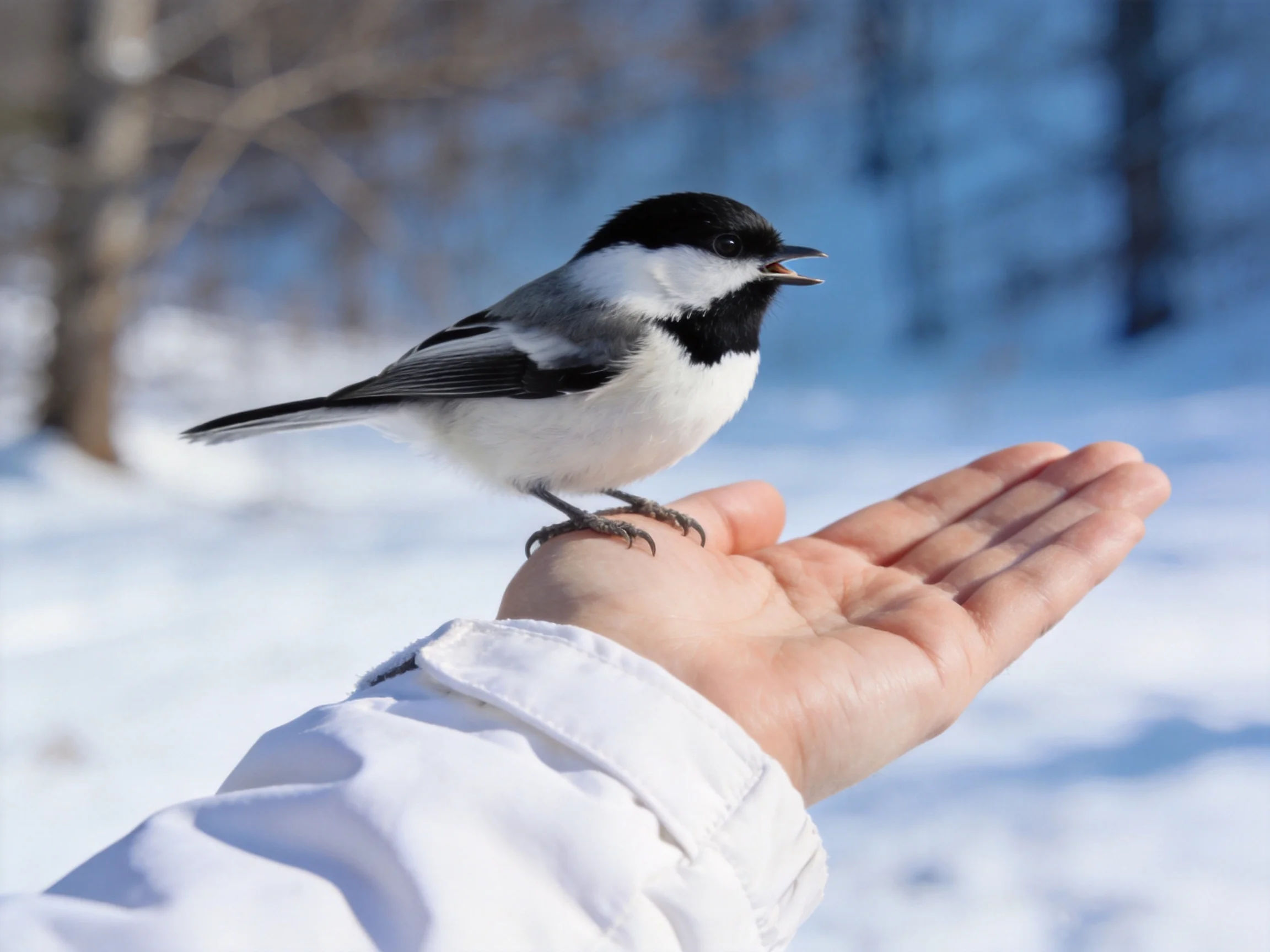 A black-and-white bird rests calmly on a person’s outstretched hand amidst a snowy outdoor scene.