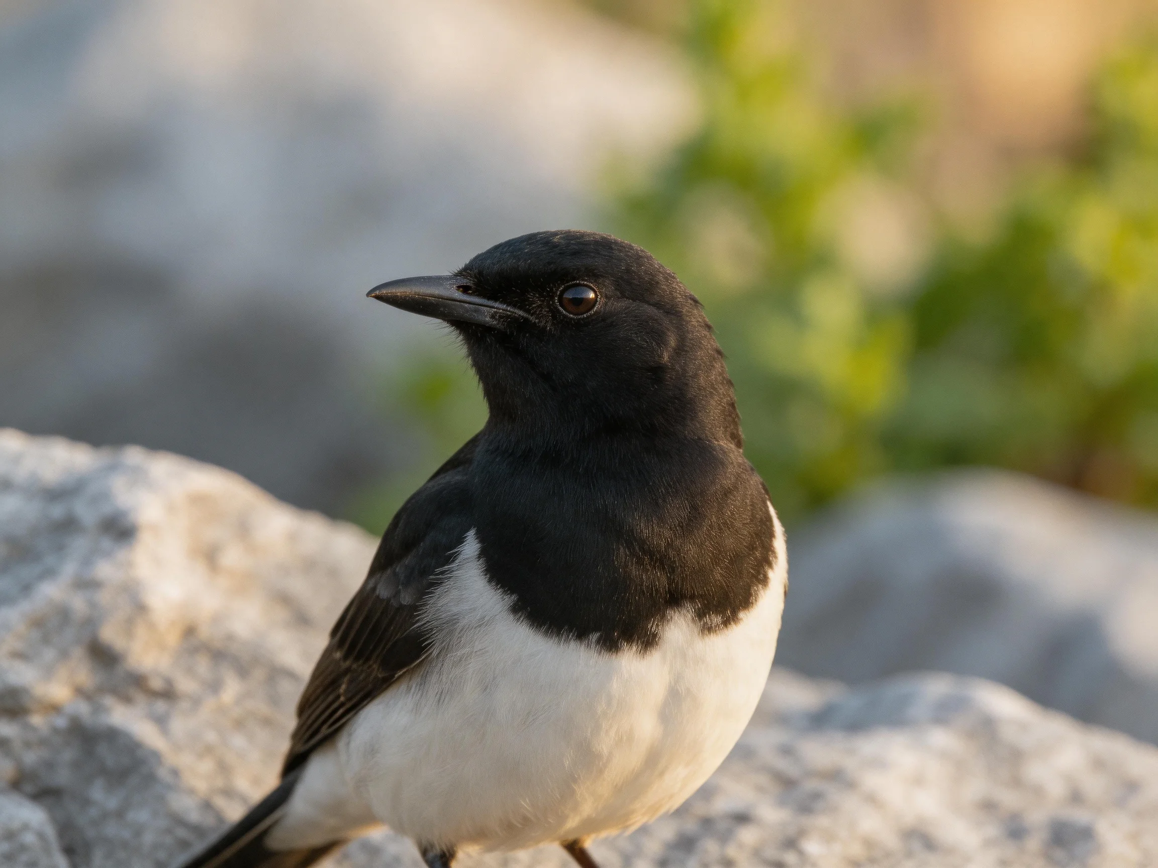 A black and white bird stands on rocky ground with blurred greenery in the background.