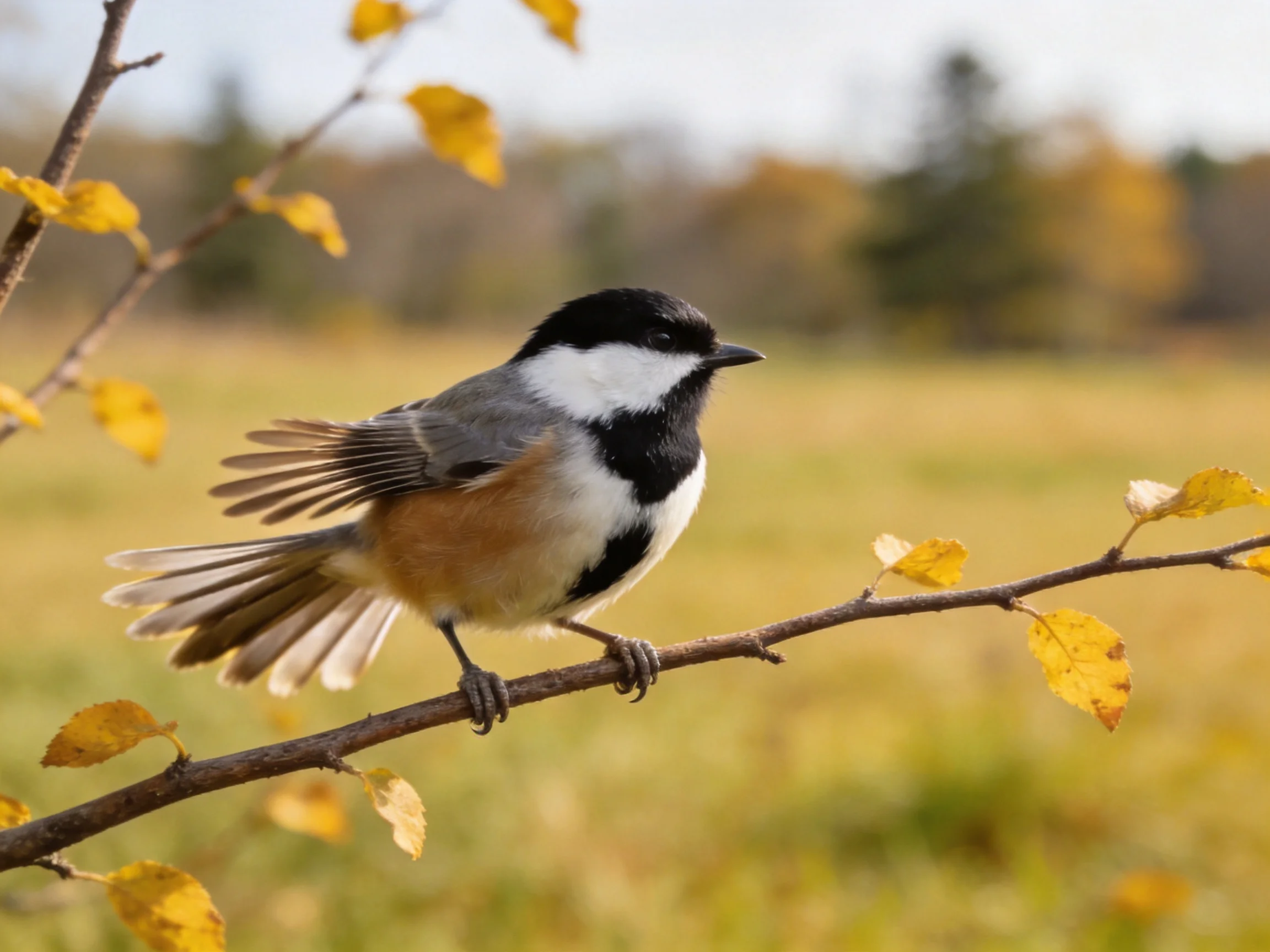 A black-and-white bird sits on a branch surrounded by autumn foliage.