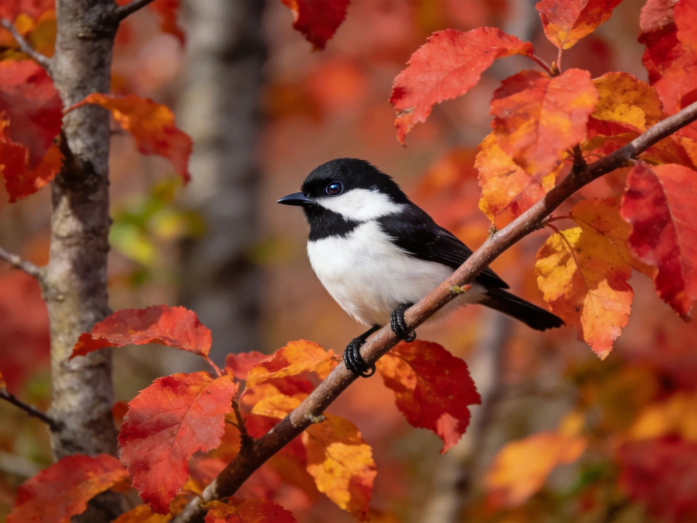 A black-and-white bird perches on a branch with vibrant autumn foliage