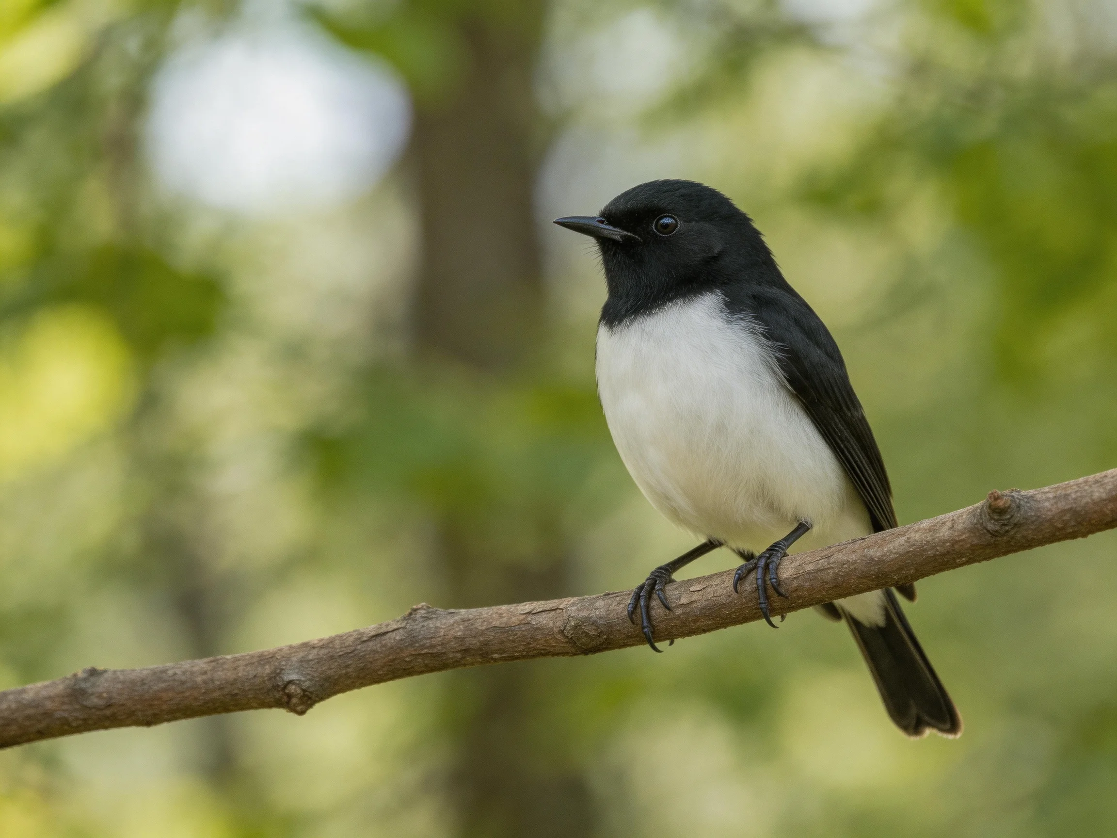 A black - and - white bird perches on a brown tree branch
