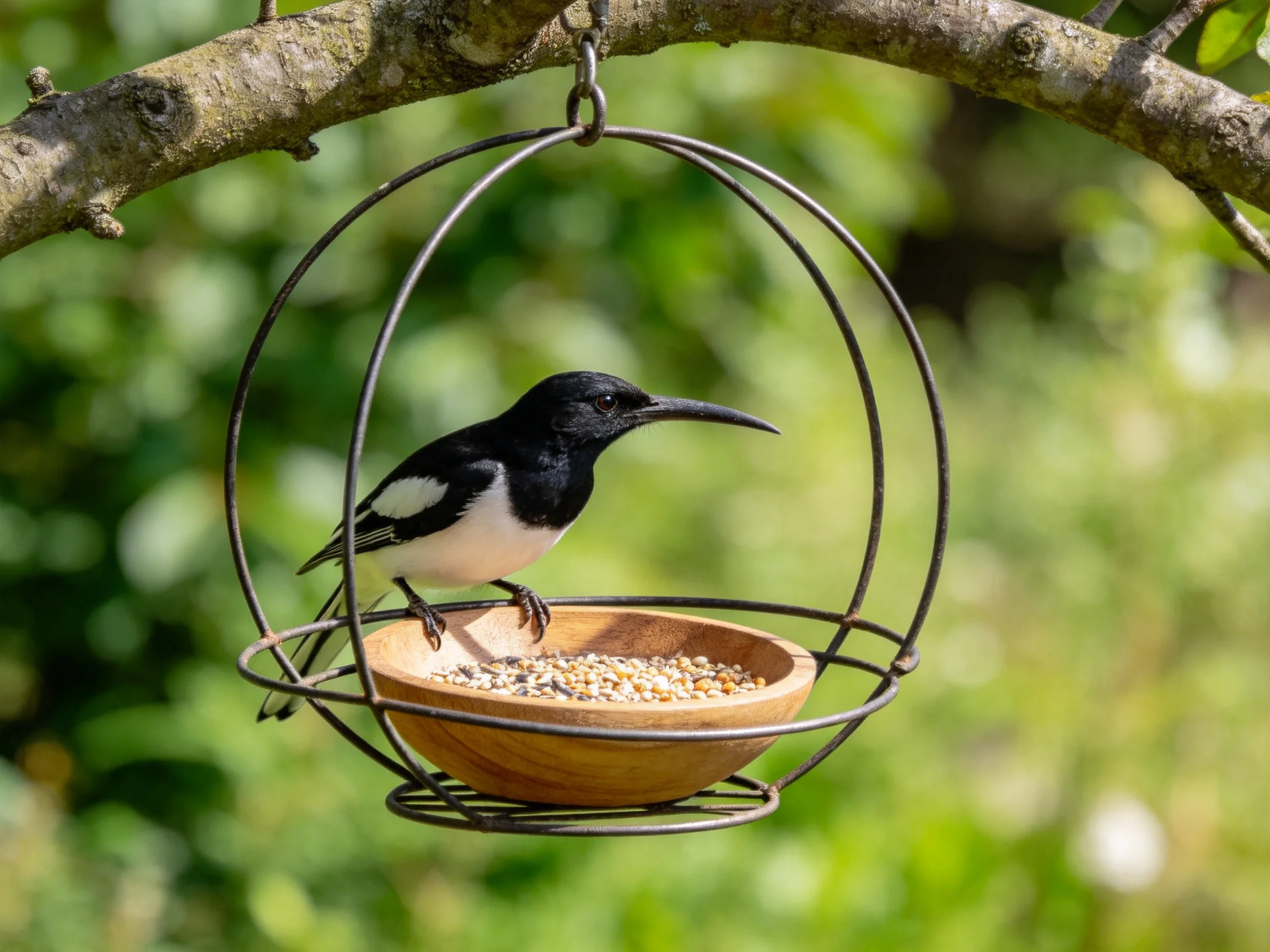 A black-and-white bird perches on a circular metal feeder