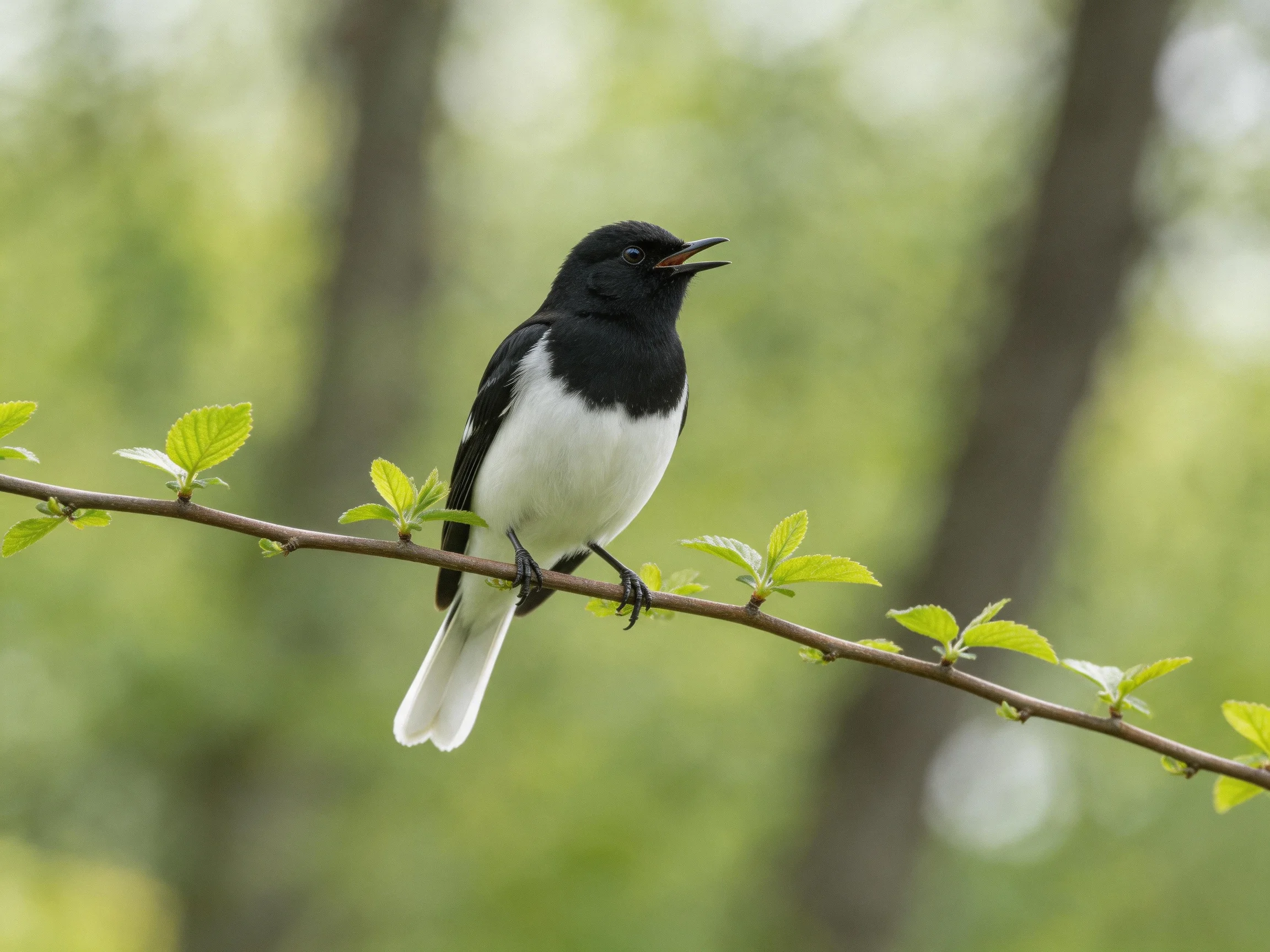 A black and white bird perches on a leafy branch in a forest