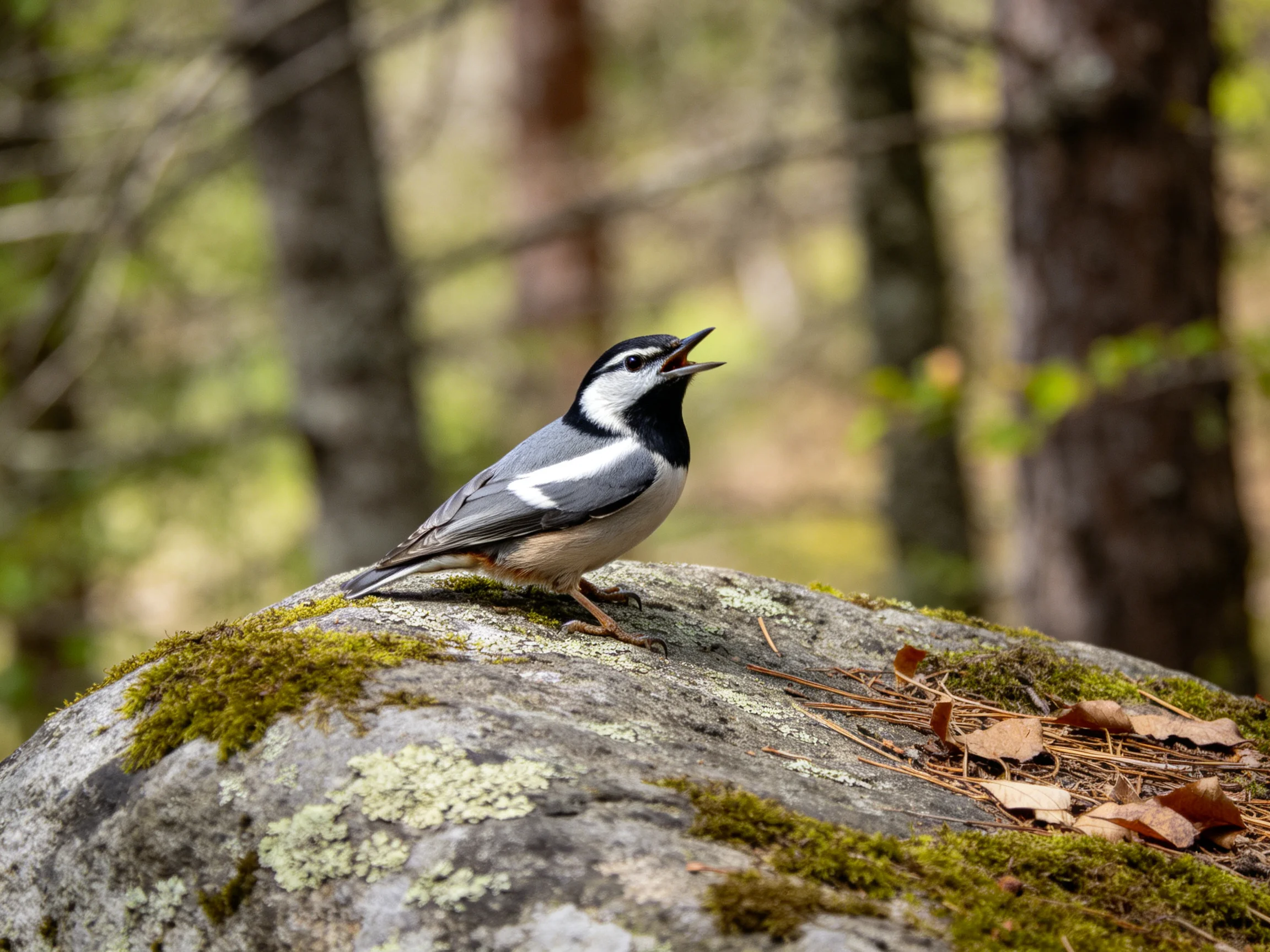 A small black - and - white bird sits on a mossy rock amid forest trees.