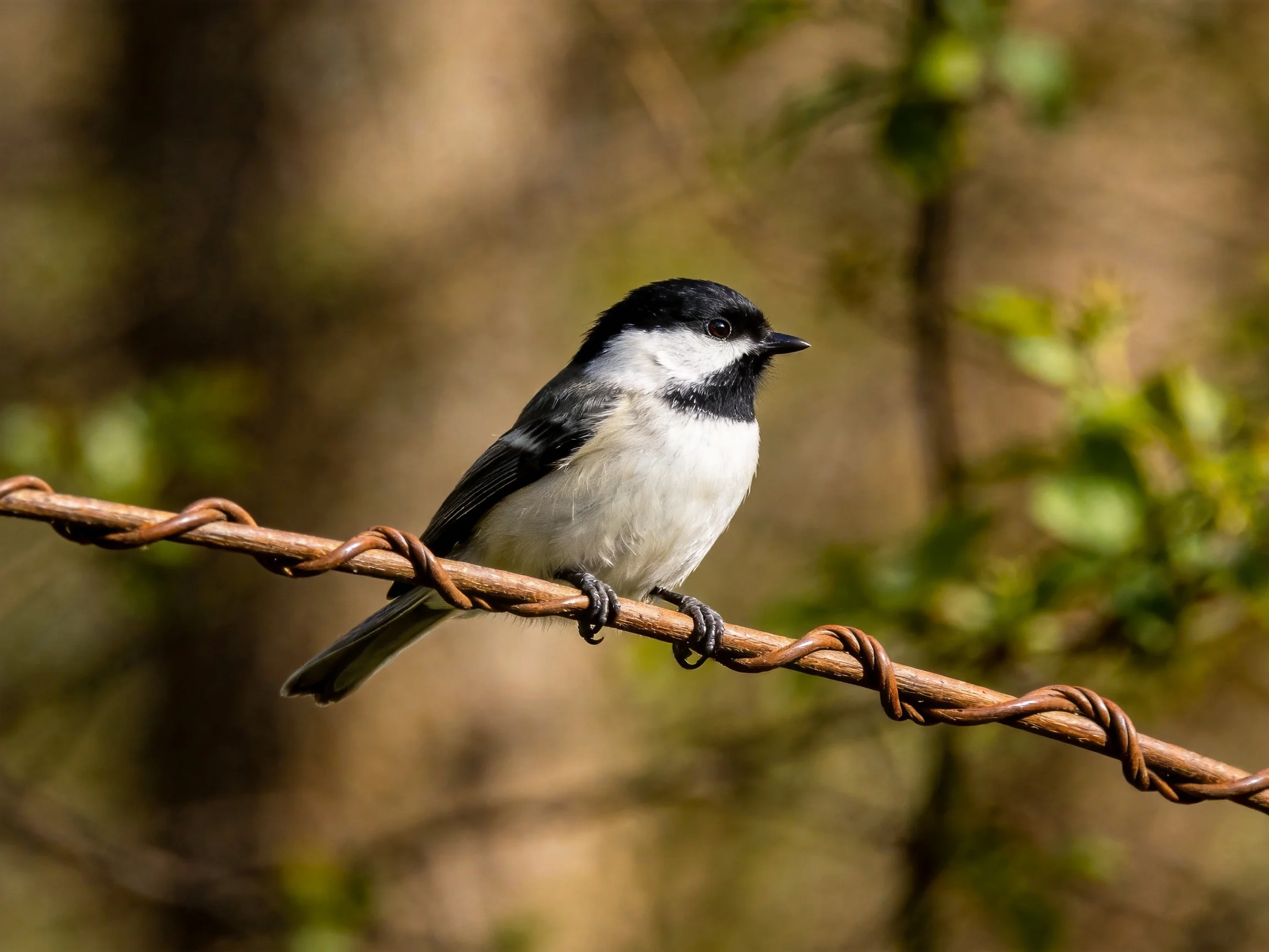 A black and white bird perches on a rusty barbed wire fence