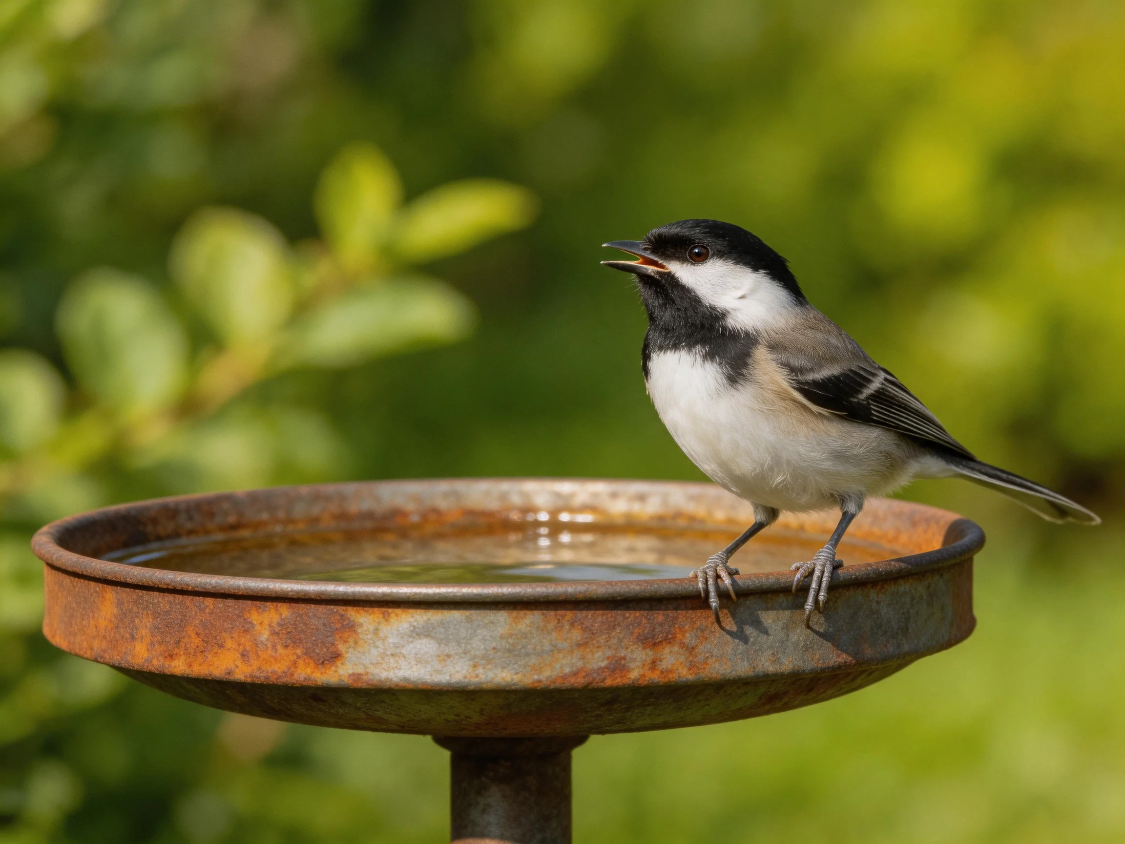 A black-and-white bird perches on a weathered rusted birdbath