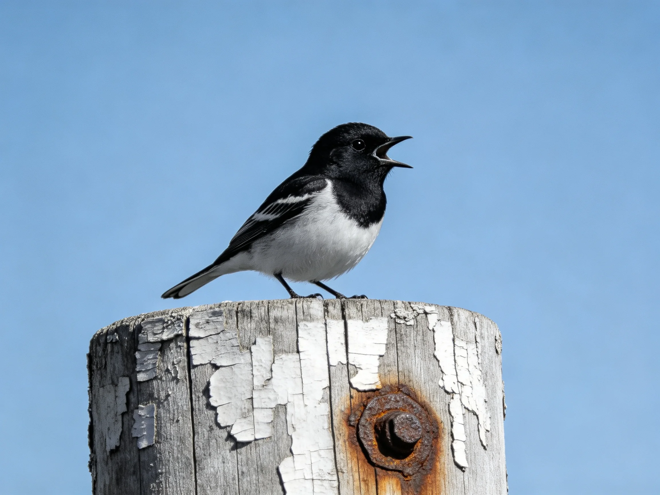 A black - and - white bird perches on a weathered wooden post