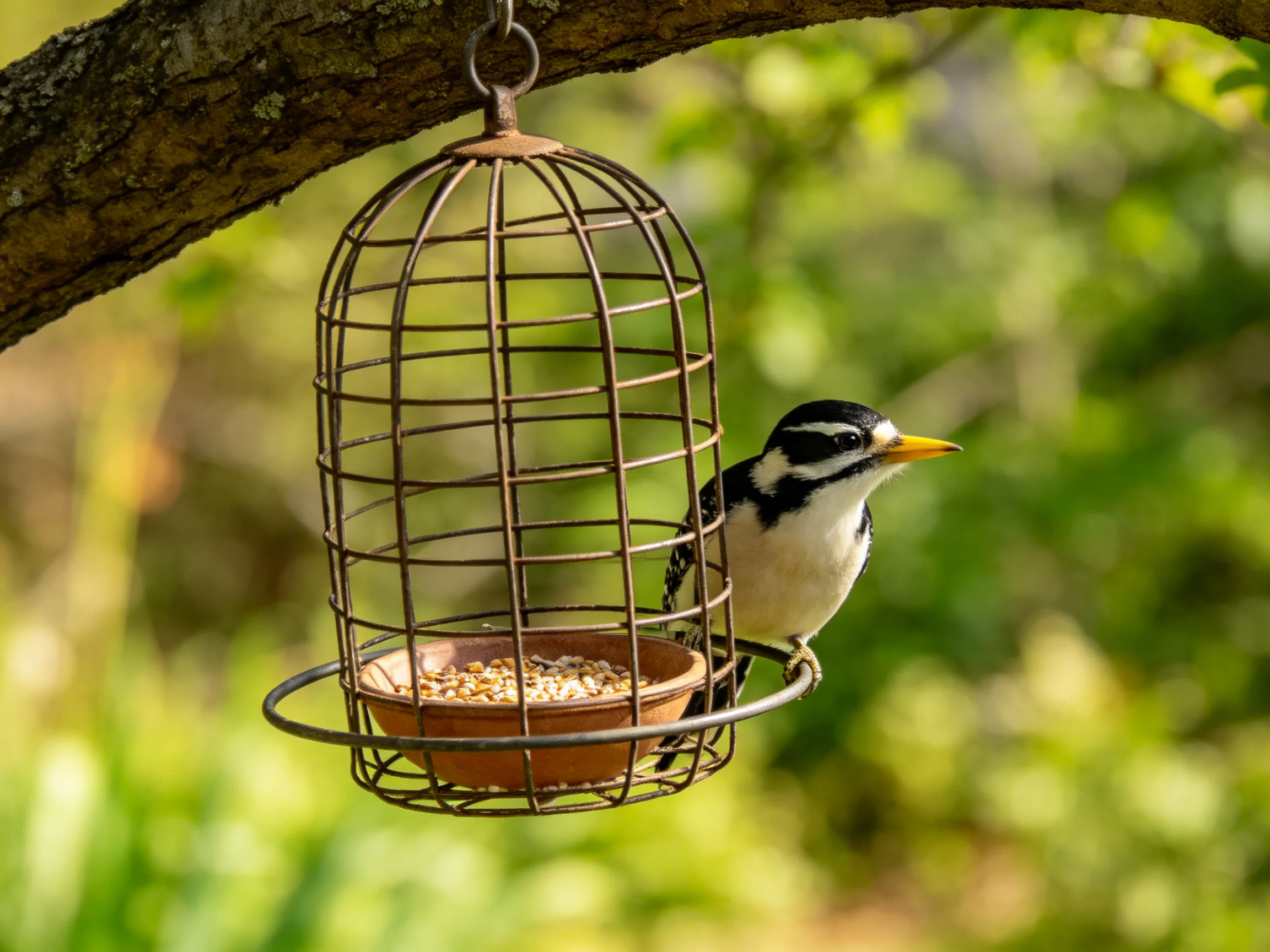 A black-and-white bird perches on a wire cage bird feeder from a tree