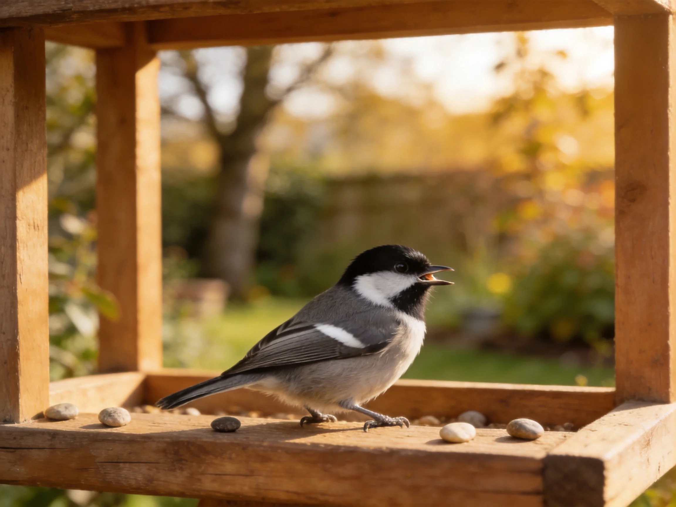 A small black-and-white bird rests on a wooden bird feeder in a sunlit garden setting.