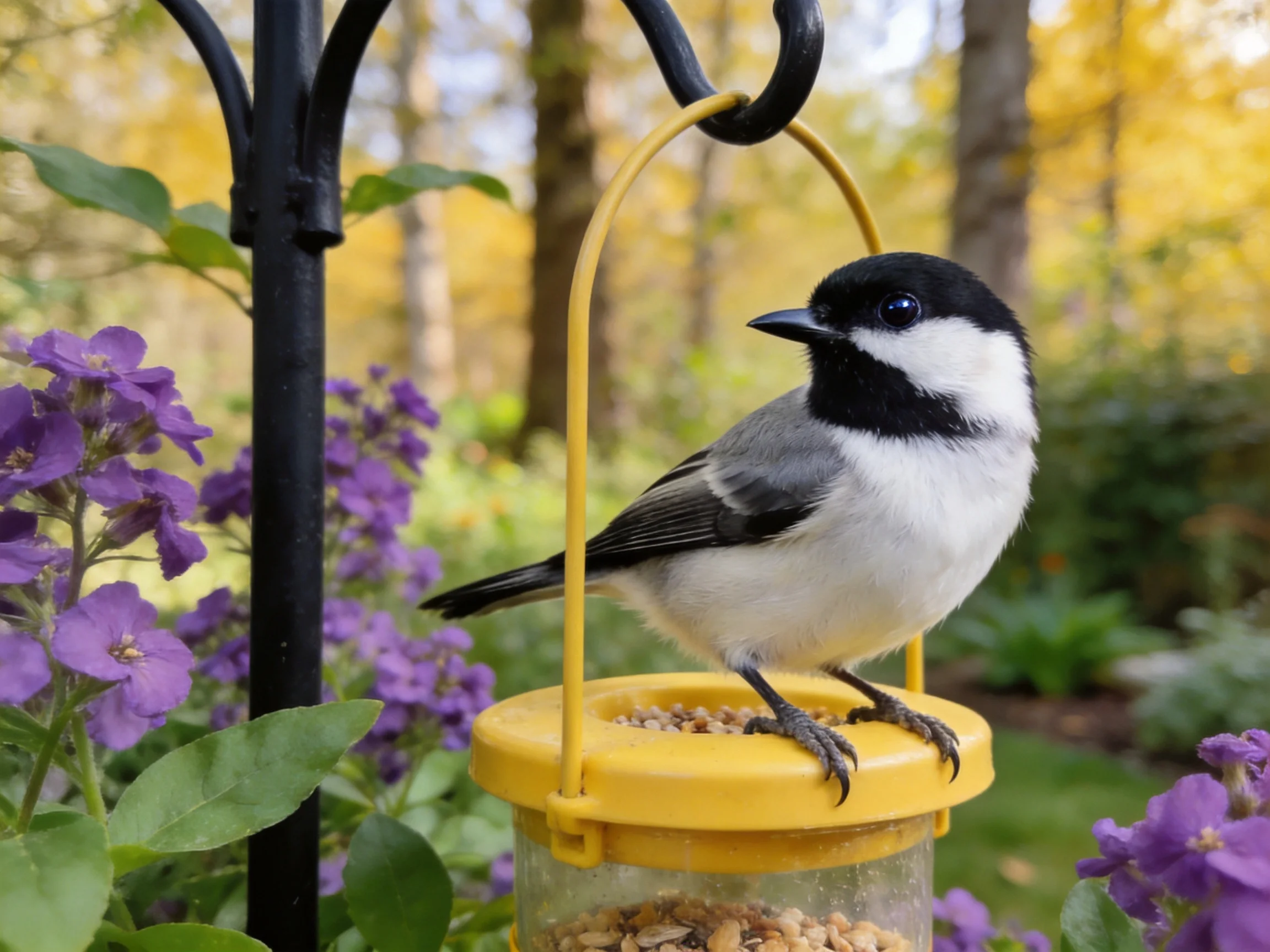 A black-and-white bird perches on a yellow feeder near purple blooms
