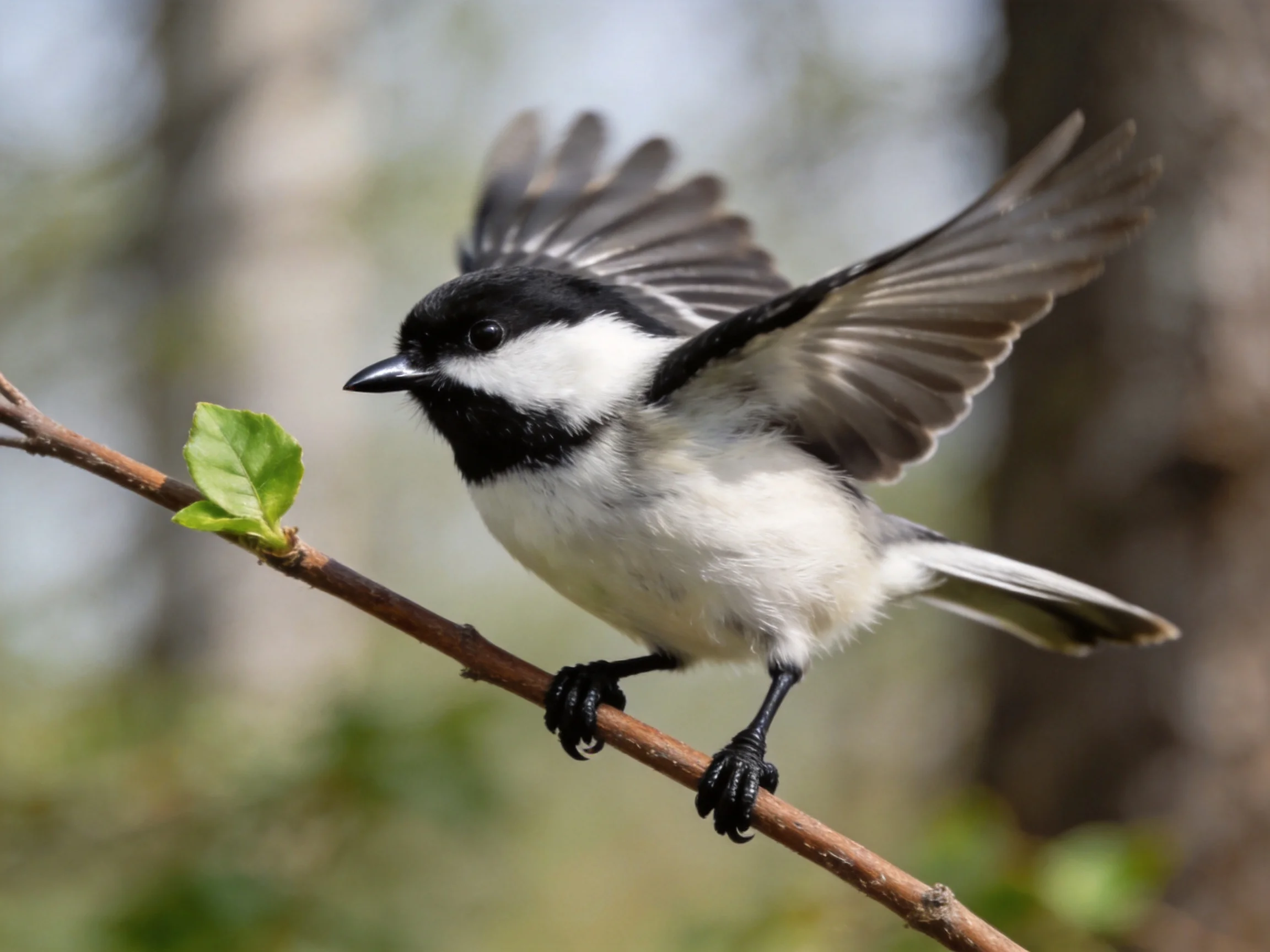 A small black - and - white bird spreads its wings while perched on a thin branch.