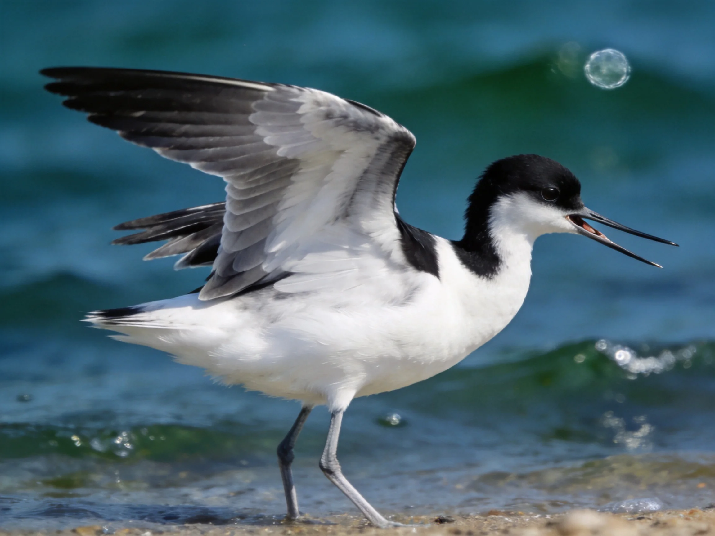 A black-and-white bird spreadingwings near turquoise ocean waters