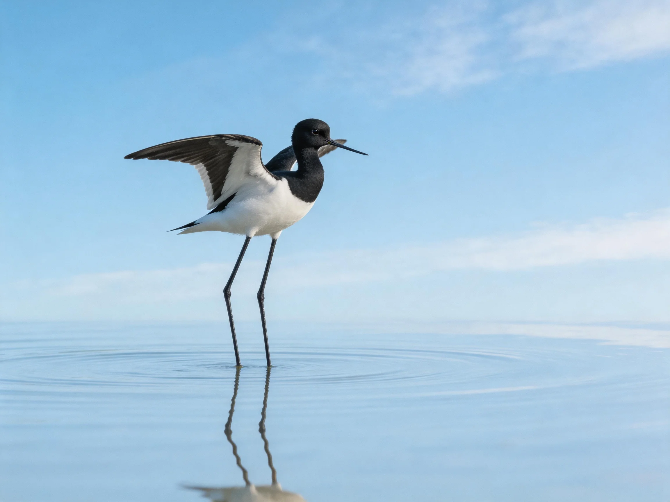 A black-and-white bird spreads wing in calm, reflective water