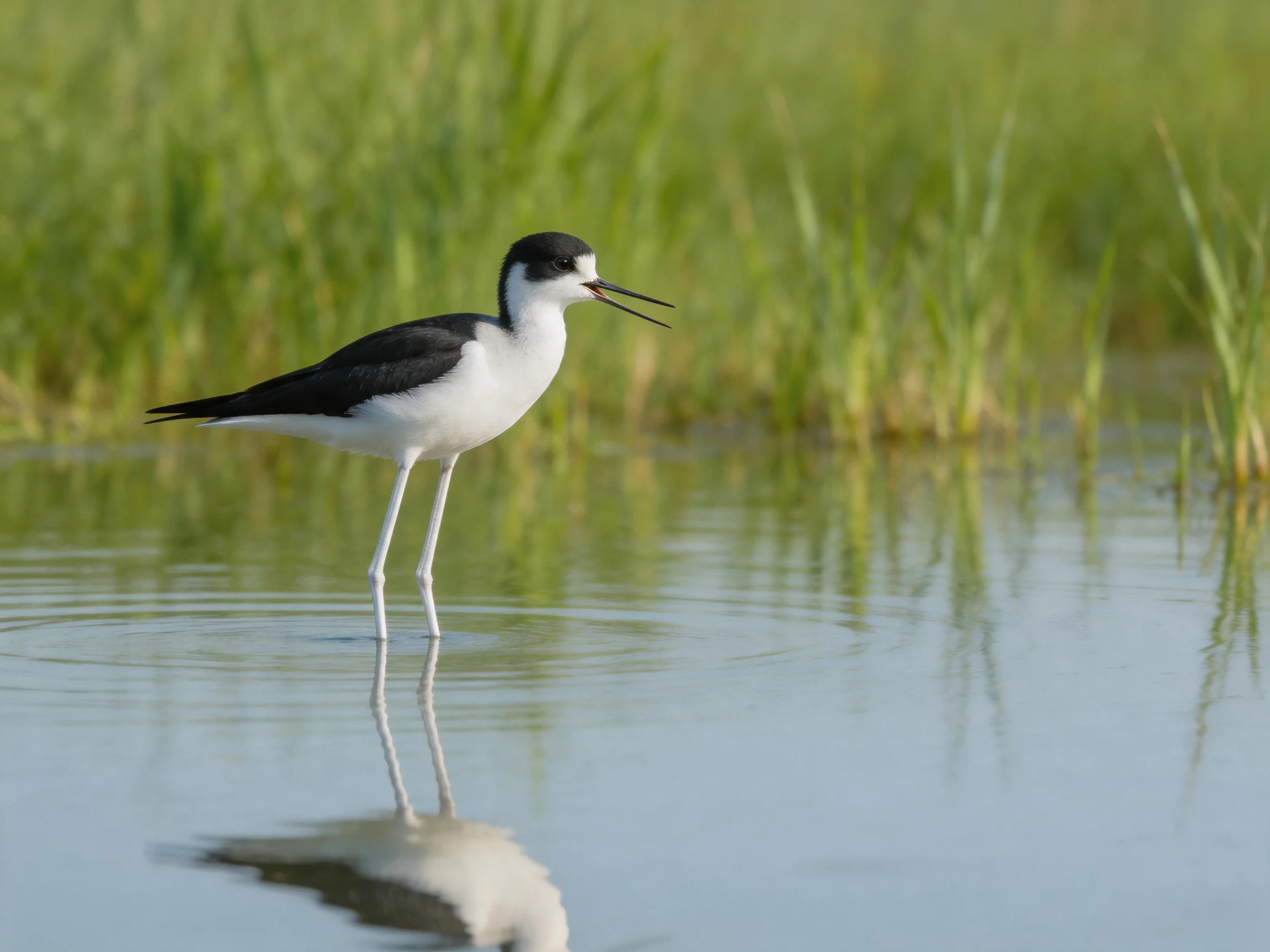 A black-and-white bird wades in calm water beside tall green reeds