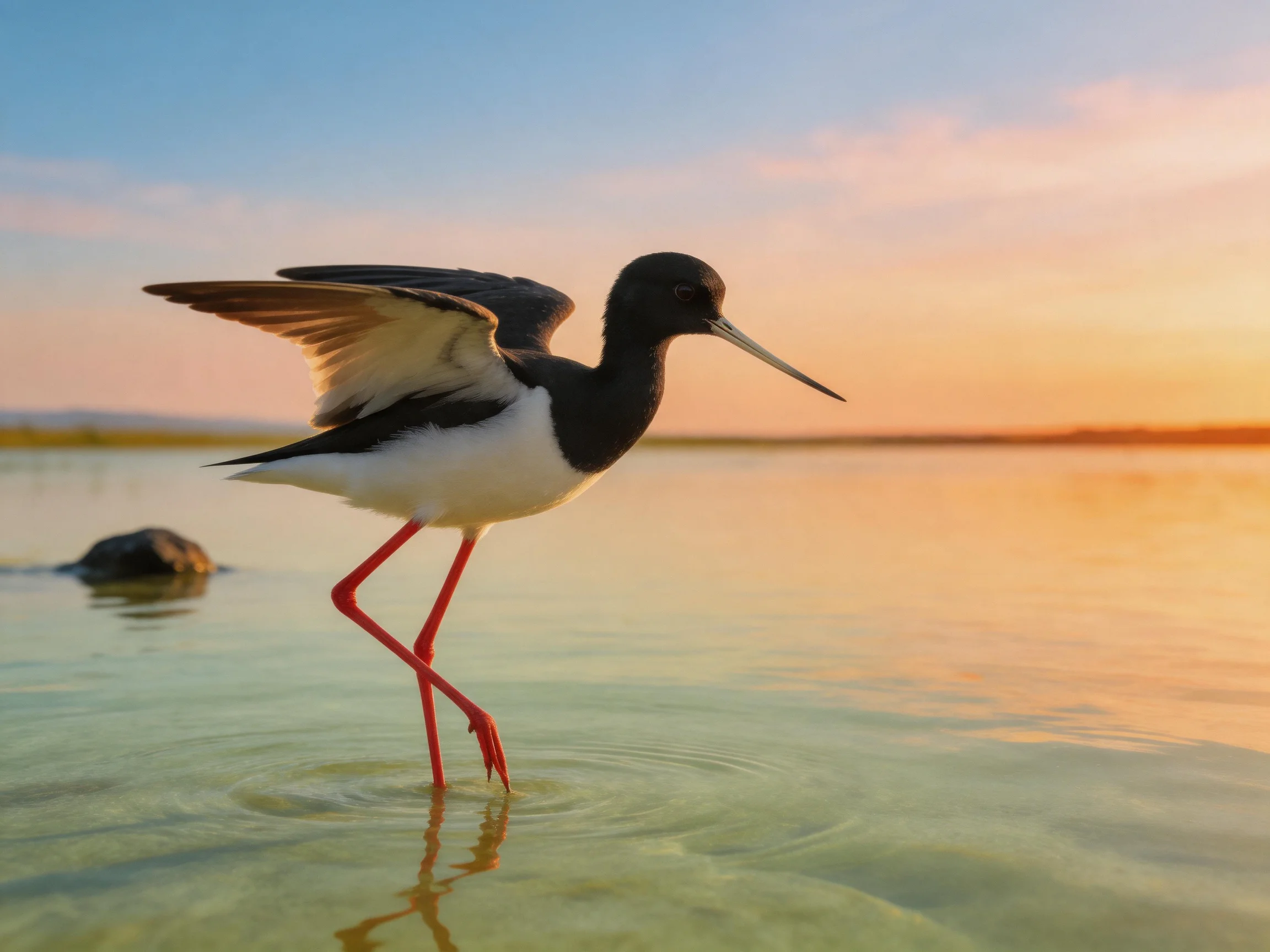 A black-and-white bird wading in shallow water at sunset
