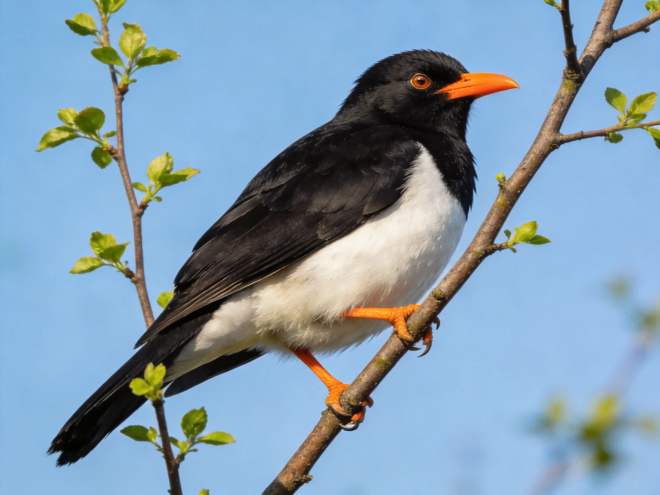 A black and white bird with bright orange beak perched on a leafy branch
