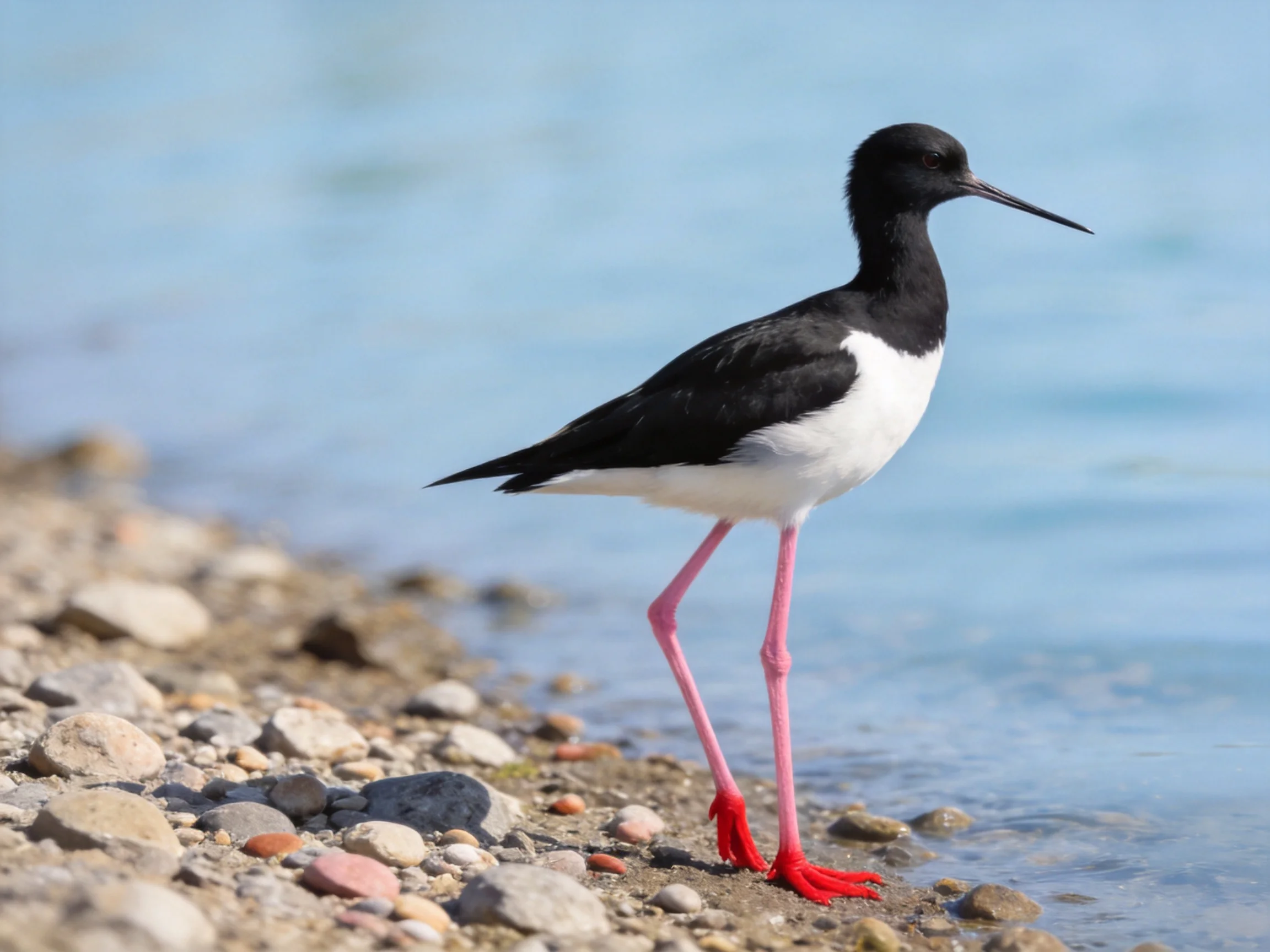A black-and-white bird with bright pink legs stands by a rocky shoreline