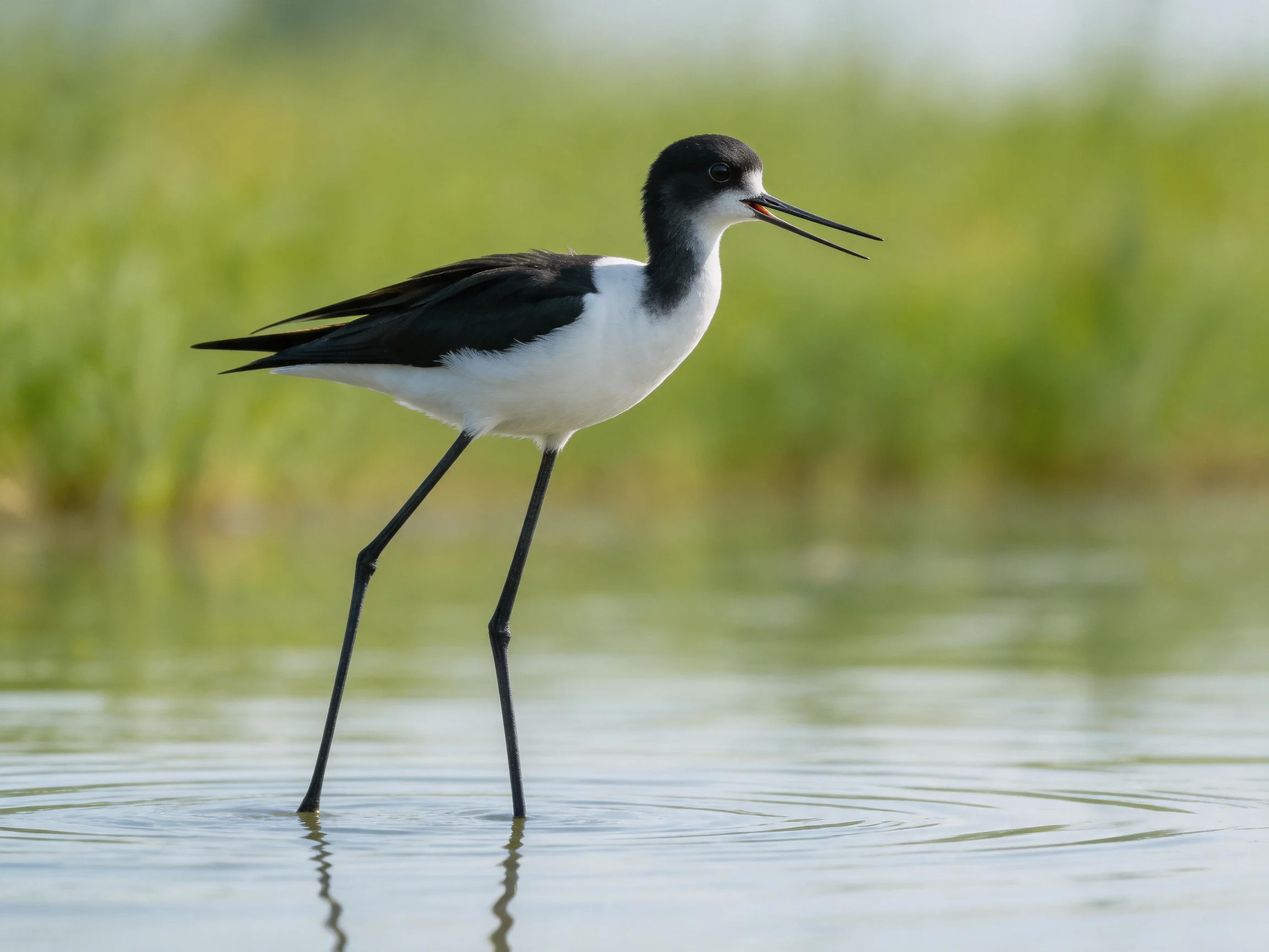 A black-and-white bird with long legs wades in shallow water near green vegetation