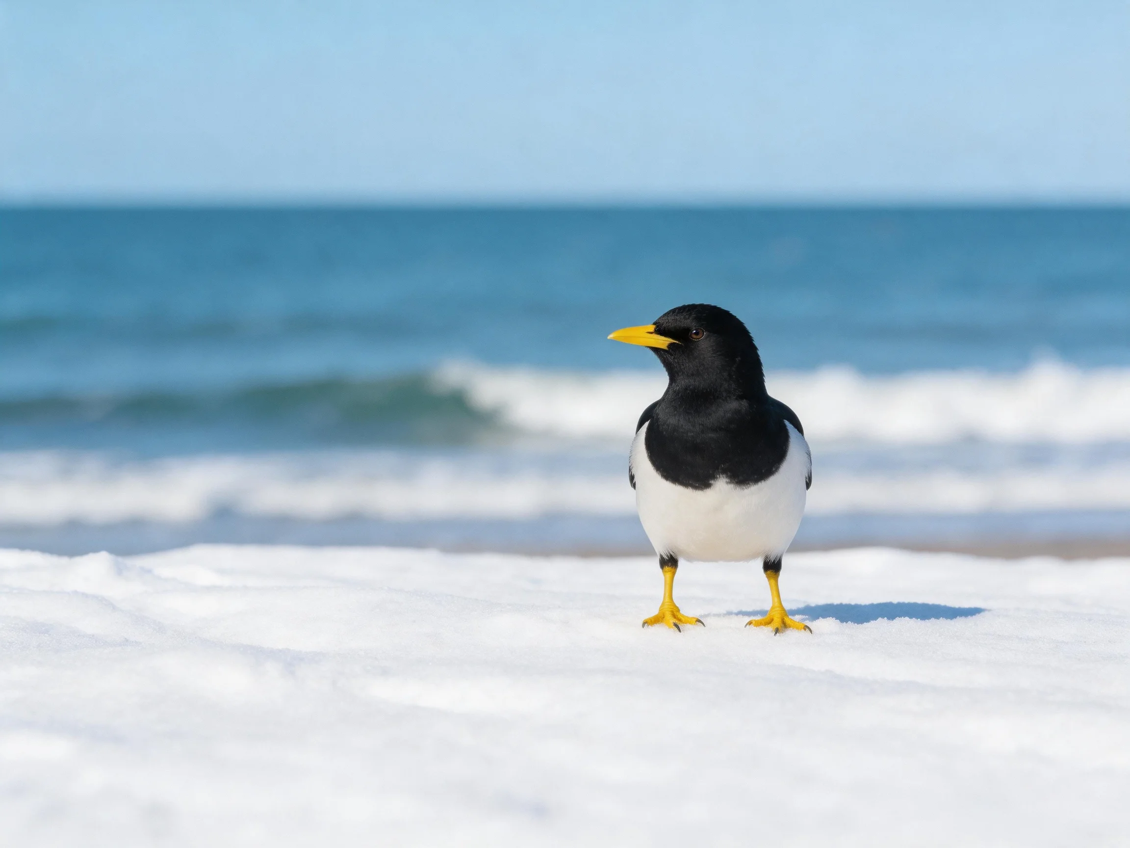 A black-and-white bird with yellow accents stands on snow by the sea