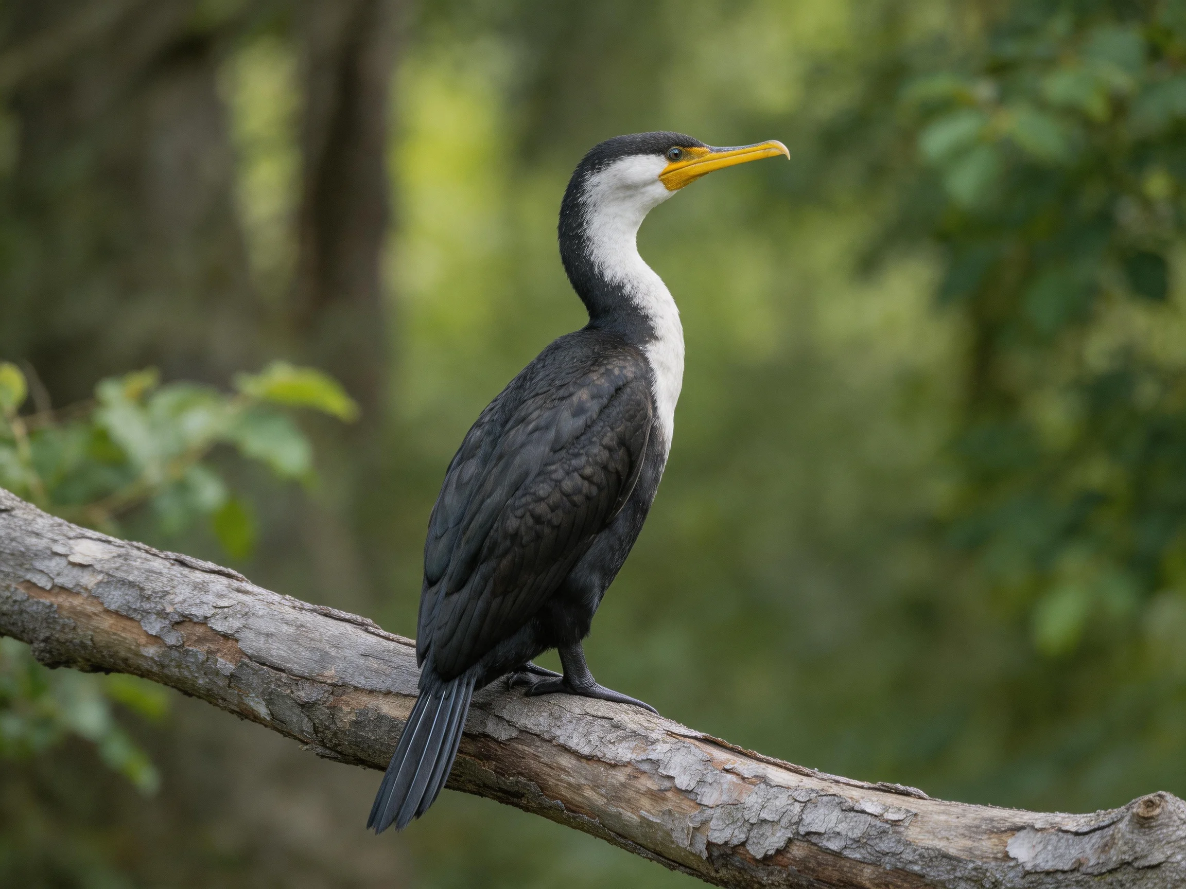 A black and white cormorant perched on a weathered tree branch