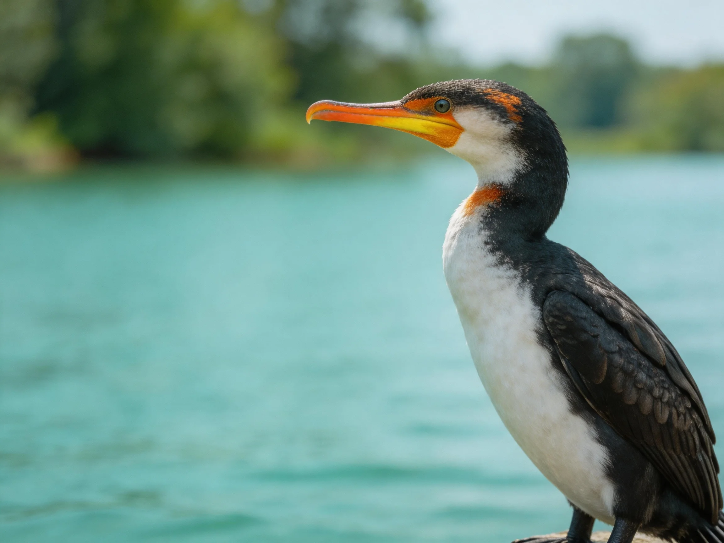 A black and white cormorant with an orange beak perched by turquoise water