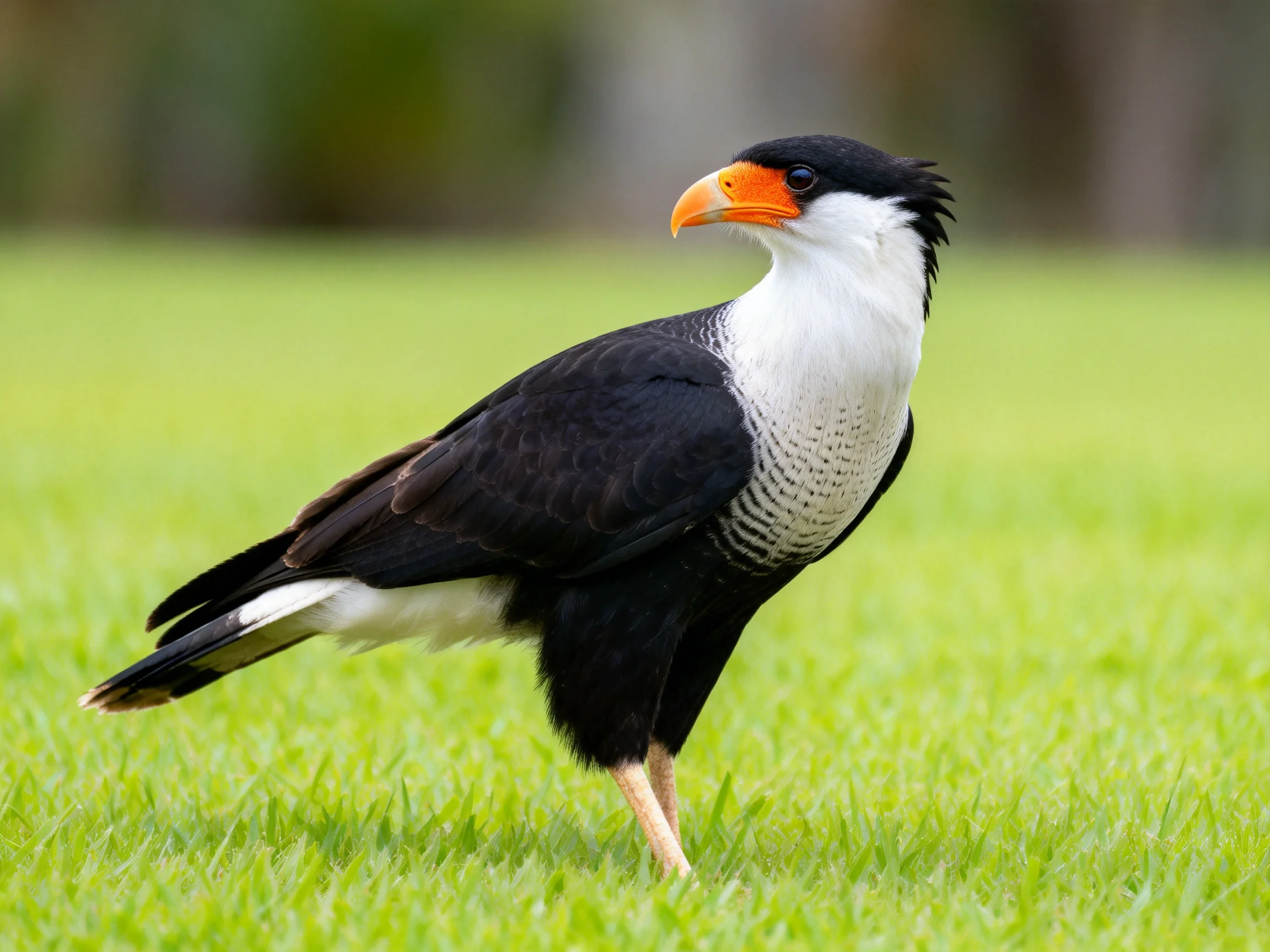 A black and white crested bird with an orange beak on green grass