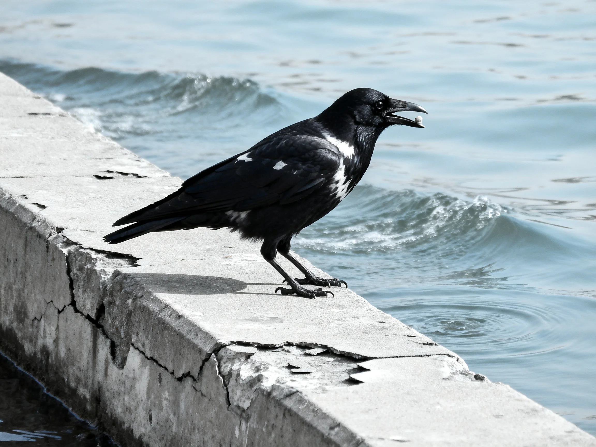 A black and white crow perched on a cracked concrete ledge by wavy water