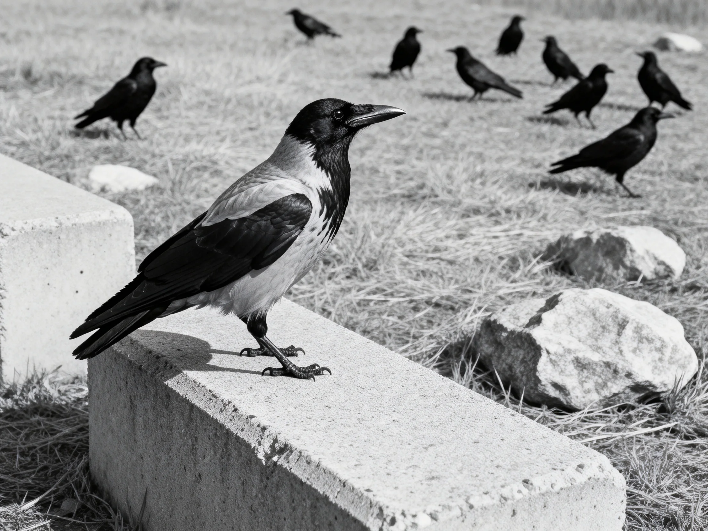 A uniquely marked crow rests on concrete as several crows populate the surrounding grassy area.