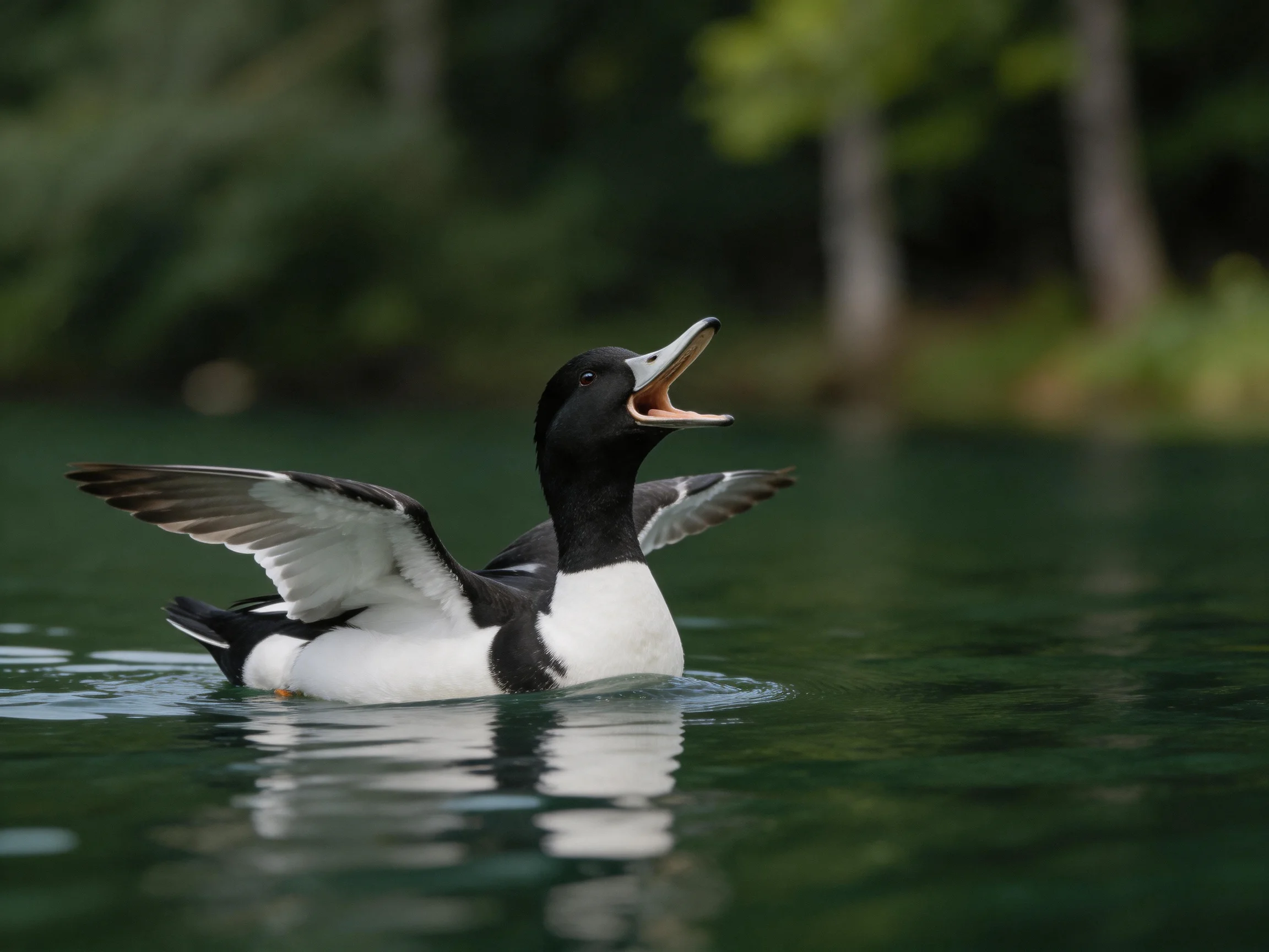 A black and white duck spreads wings in calm green water