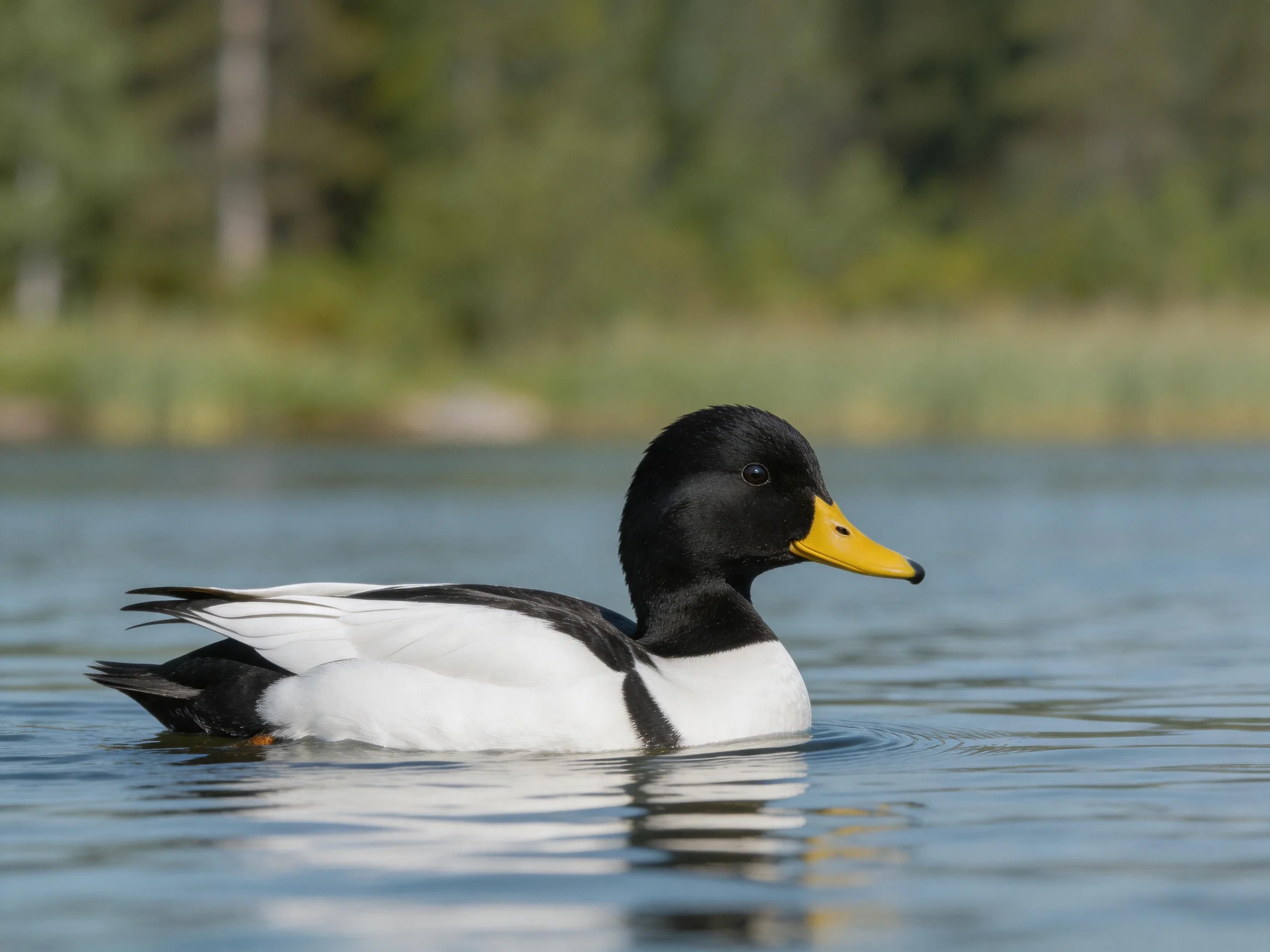 A black and white duck with a bright yellow beak swims in calm water