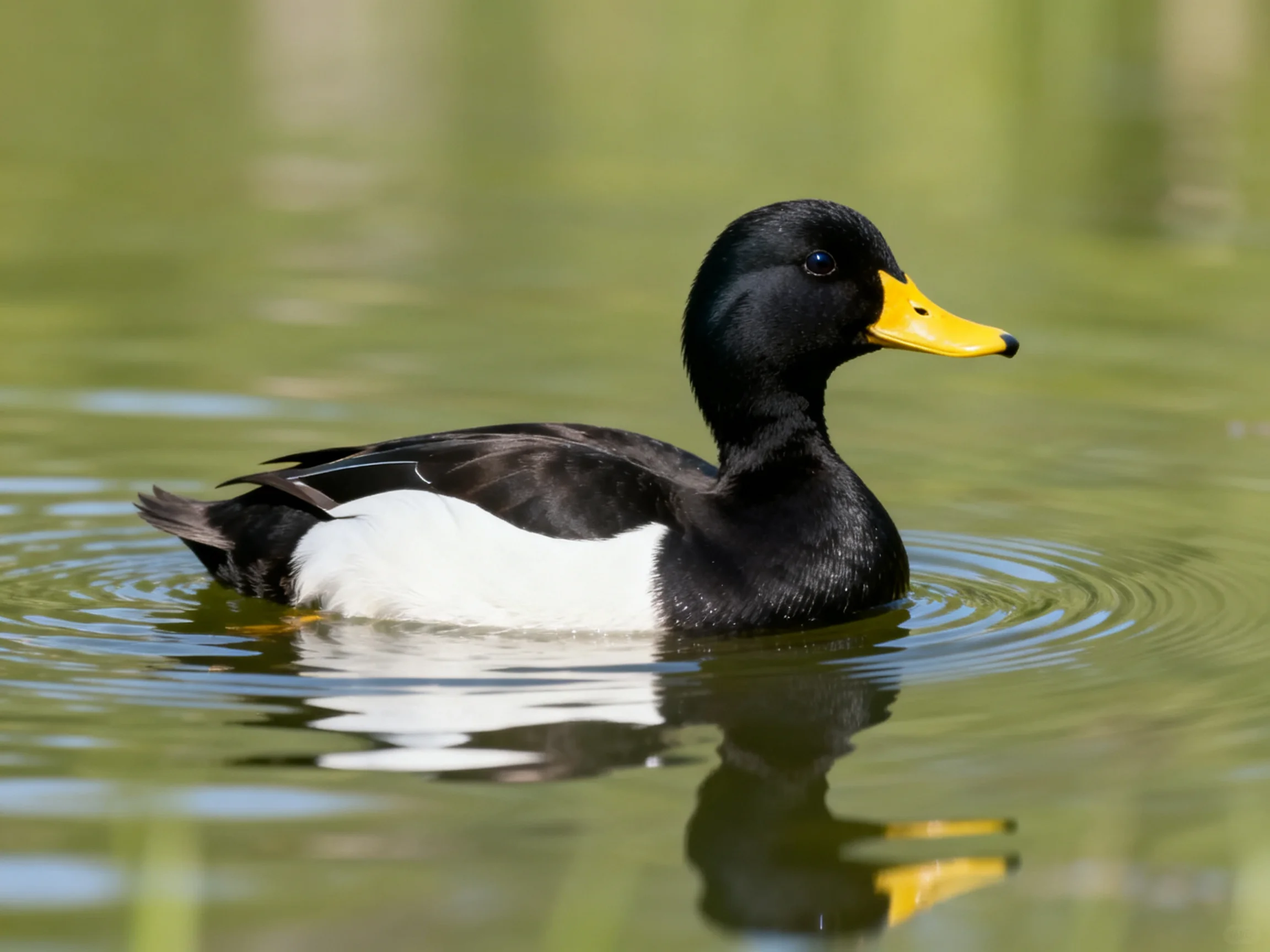 A black and white duck with a bright yellow beak swims in calm water