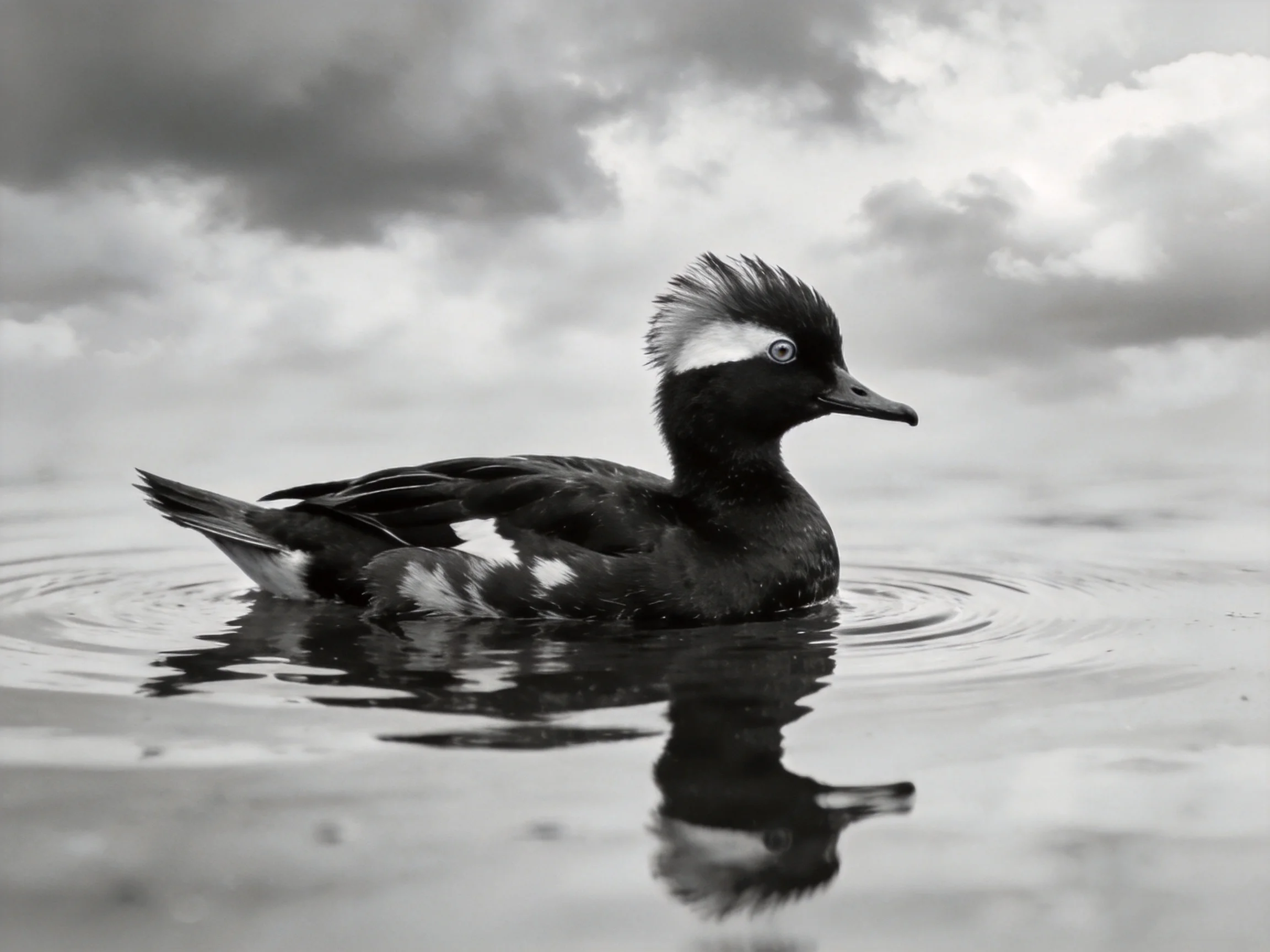 A black and white duck with a crested head swims in calm water