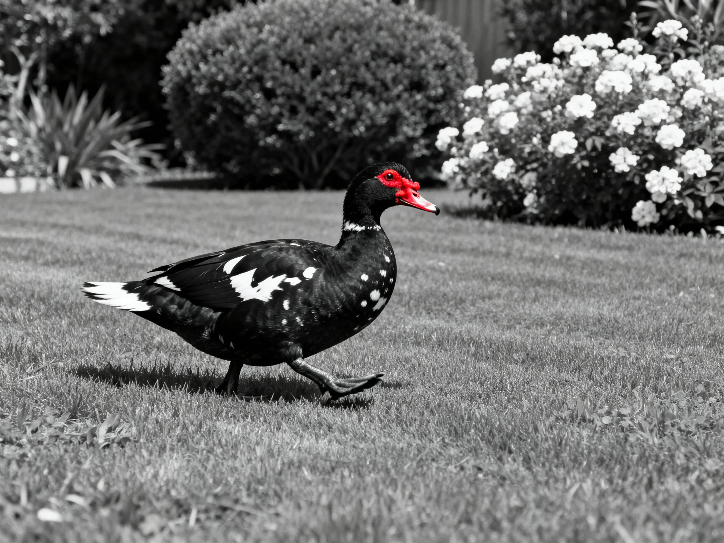 A black and white duck with red markings moves across a grassy lawn near shrubs and flowers