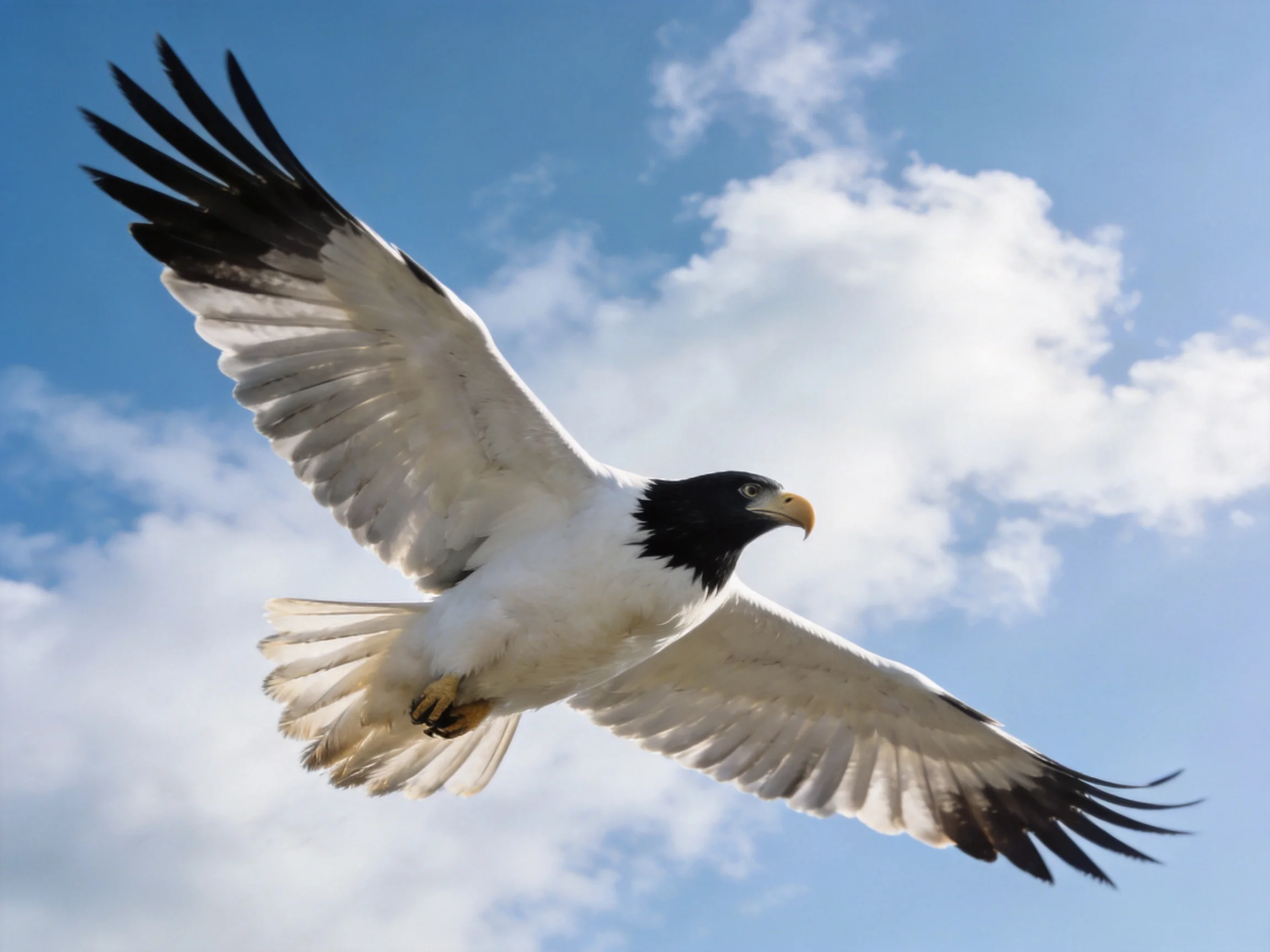A black-and-white eagle glides through a blue sky with clouds