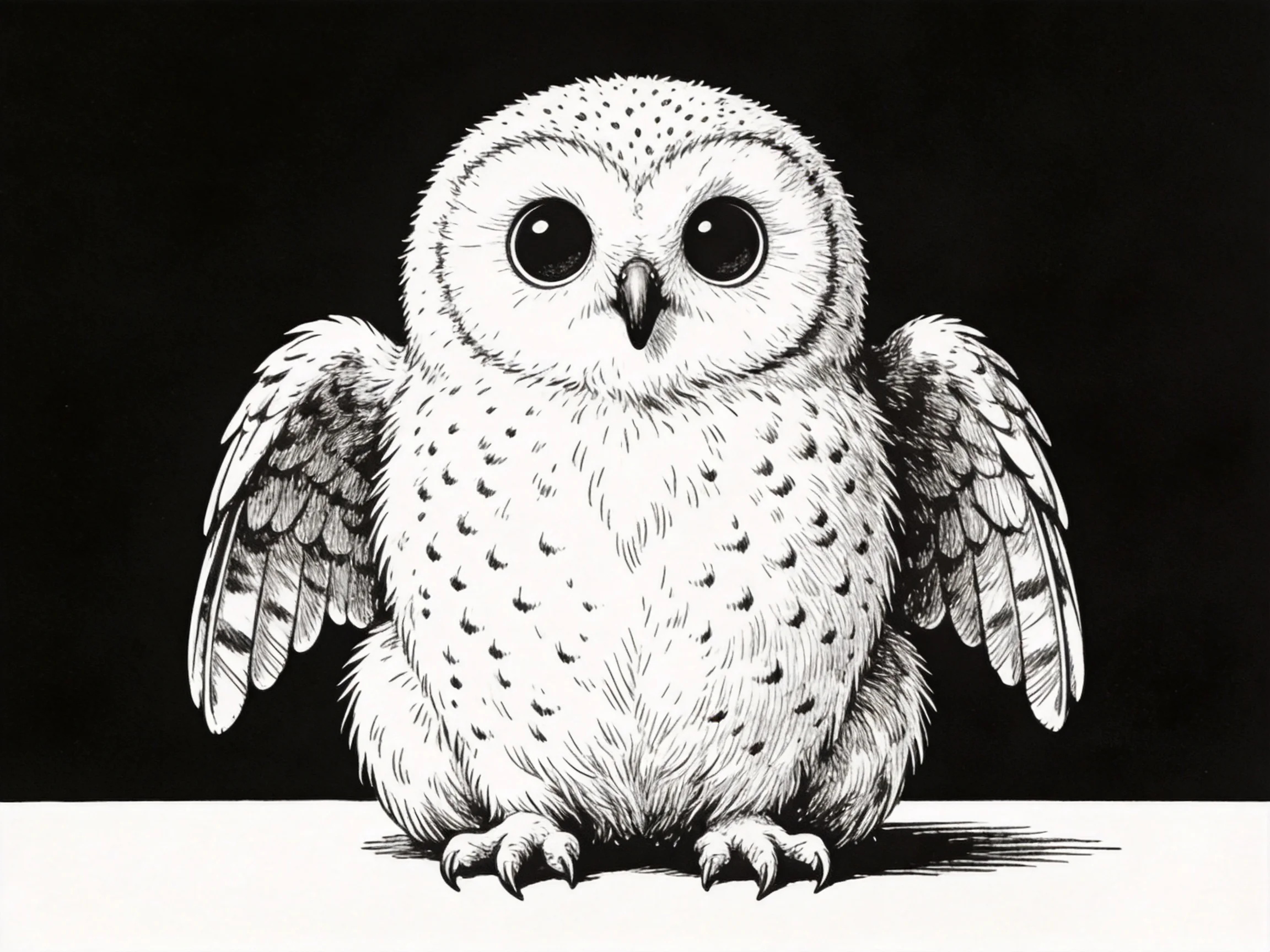 A black-and-white illustration of a small owl with large round eyes and detailed feathers