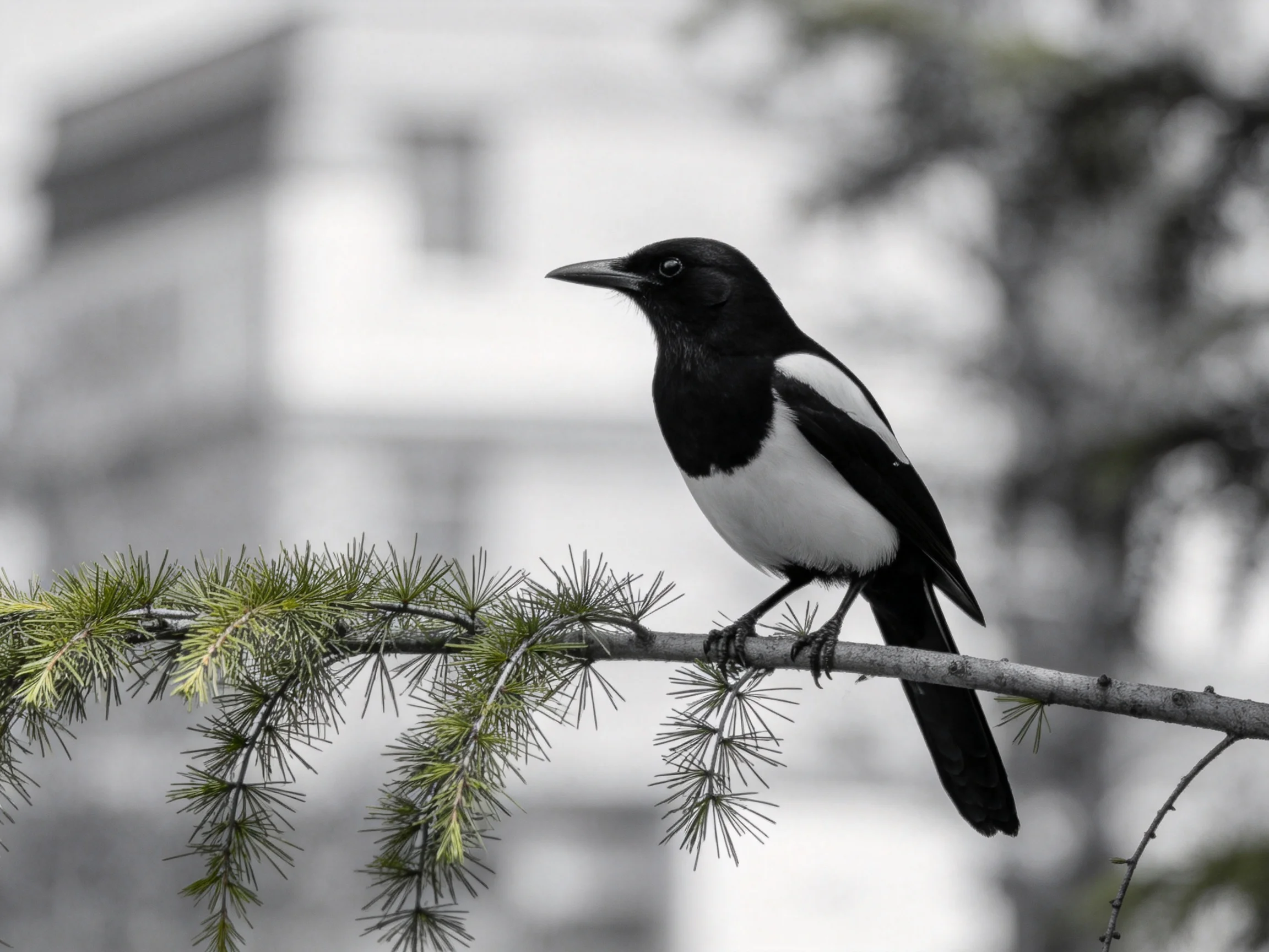 A black and white magpie perched on a green pine branch