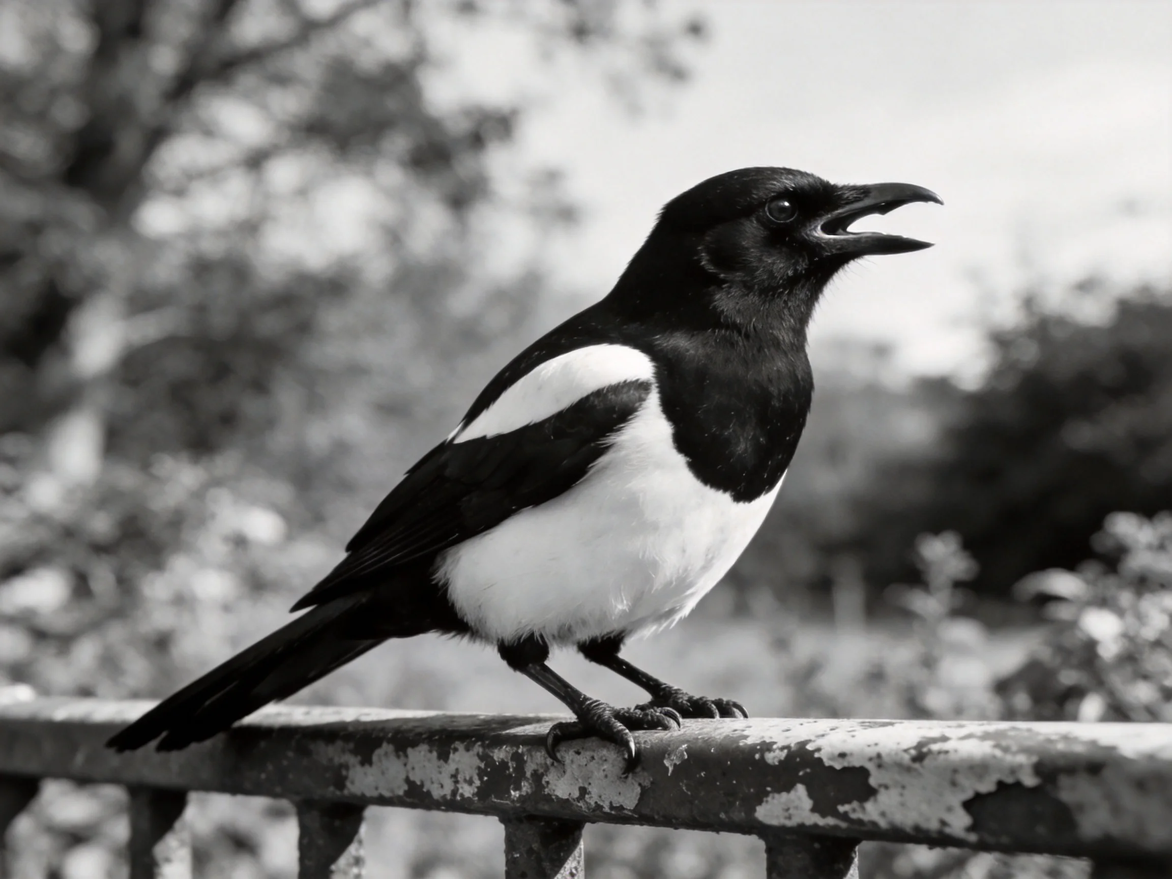 A black and white magpie perched on a weathered fence